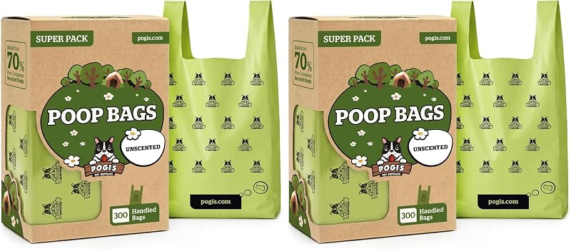 Bolsas para Fezes de Cães Grandes com Alças Pogi's Pet Supplies, Sem Fragrância, Extra Grossas, 600 Unidades