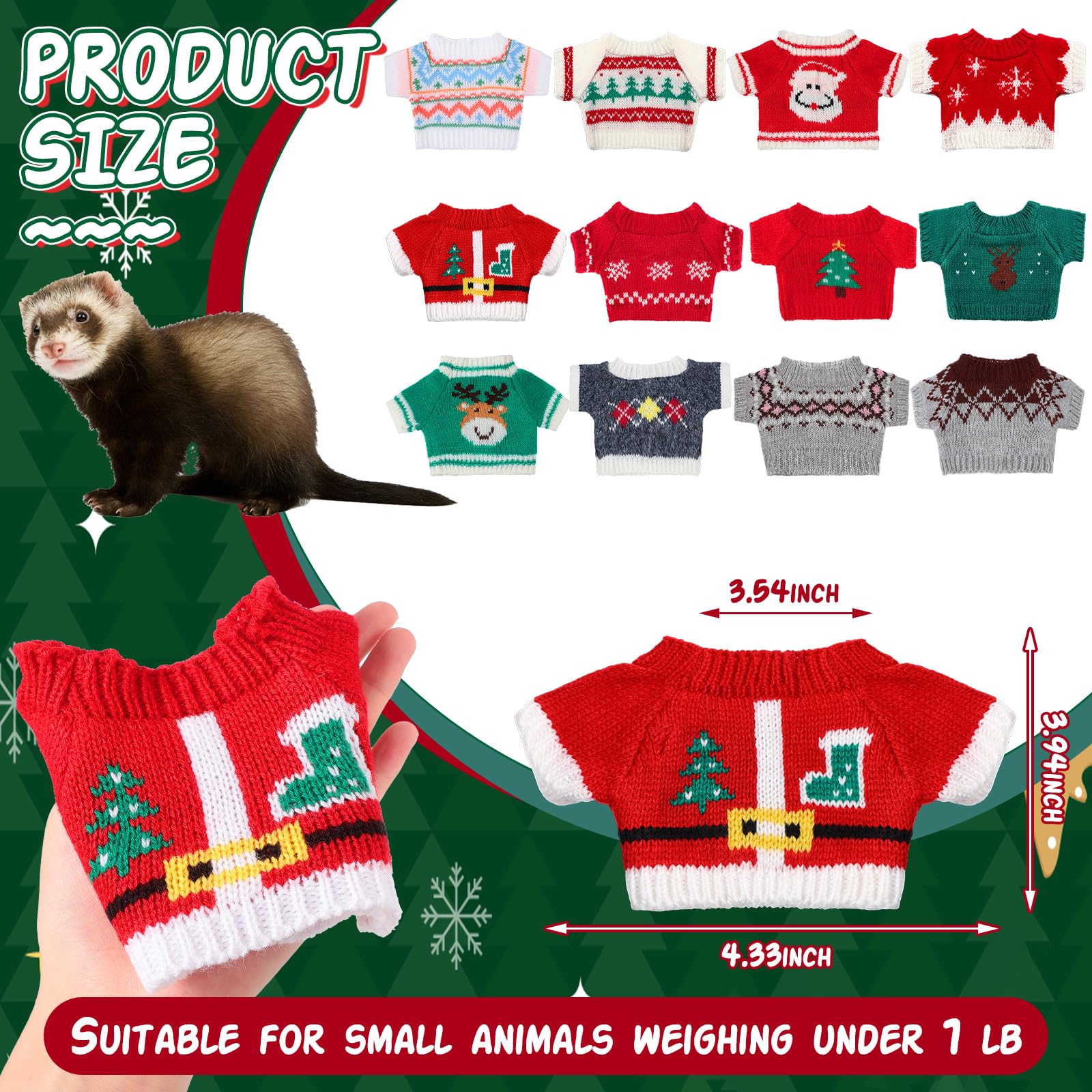 Mixweer 12 Pcs Ferret Clothes Hamster Sweater Christmas Guinea Pig Clothes Bunny Costume Knitted Sweatshirt for Warm Winter Christmas Vest Clothing Ferret Accessories Small Animal Outfit - Image 3