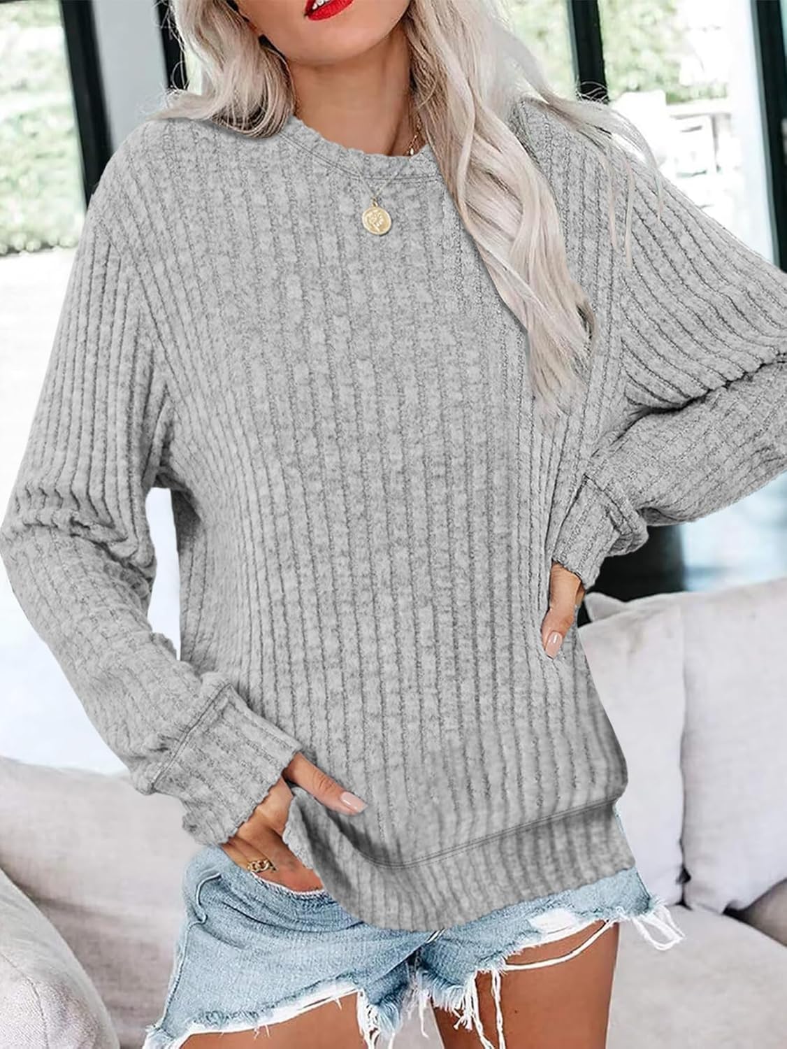 Women Ribbed Sweatshirt Casual Crew Neck Pullover Sweatshirt Loose Soft Long Sleeve Fall Winter Sweaters 2026 - Image 2