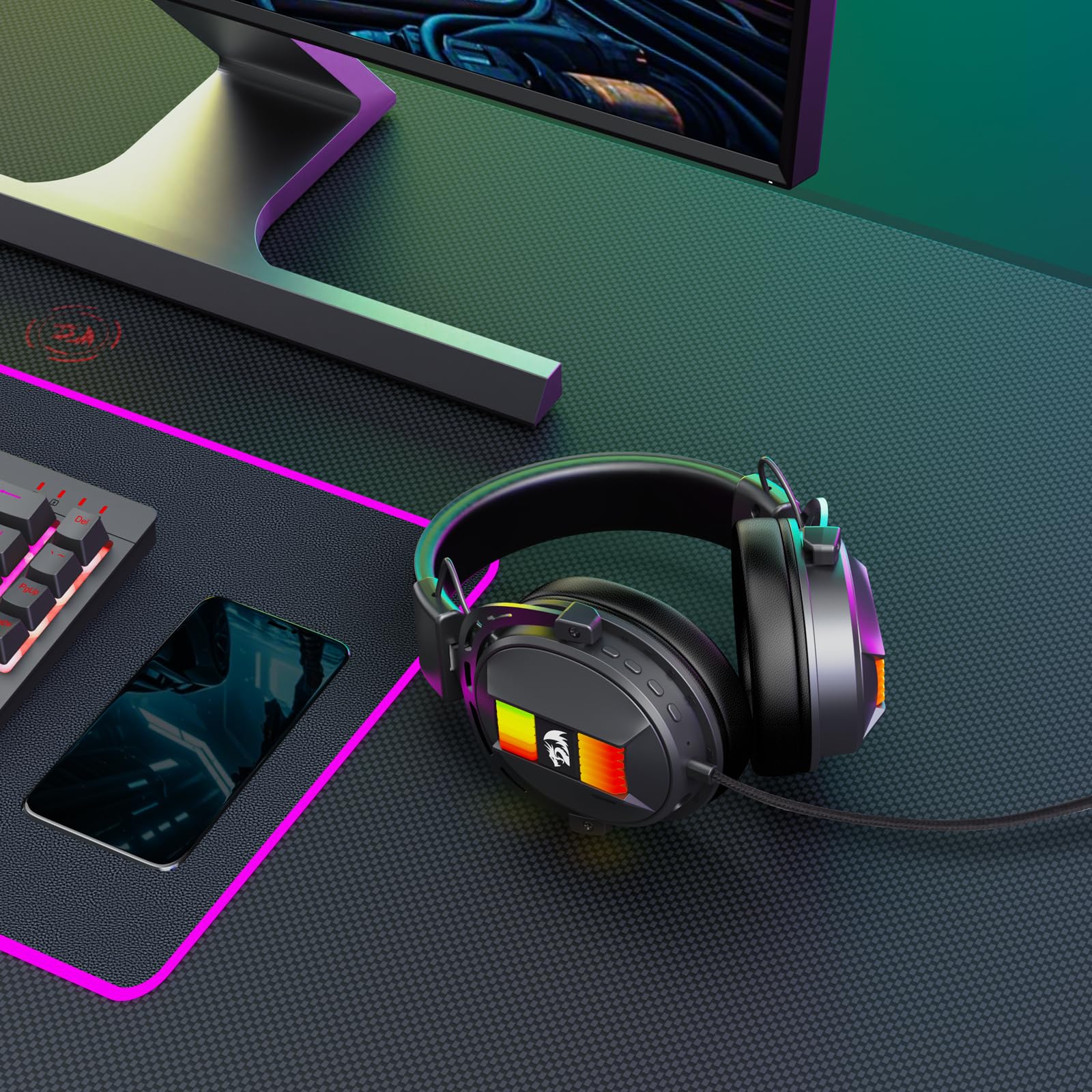 Redragon H375 Casque Gaming RGB USB Noir | casque gaming RGB son surround 7.1 pilotes 50mm coussinets confortables micro antibruit USB multi-plateformes noir