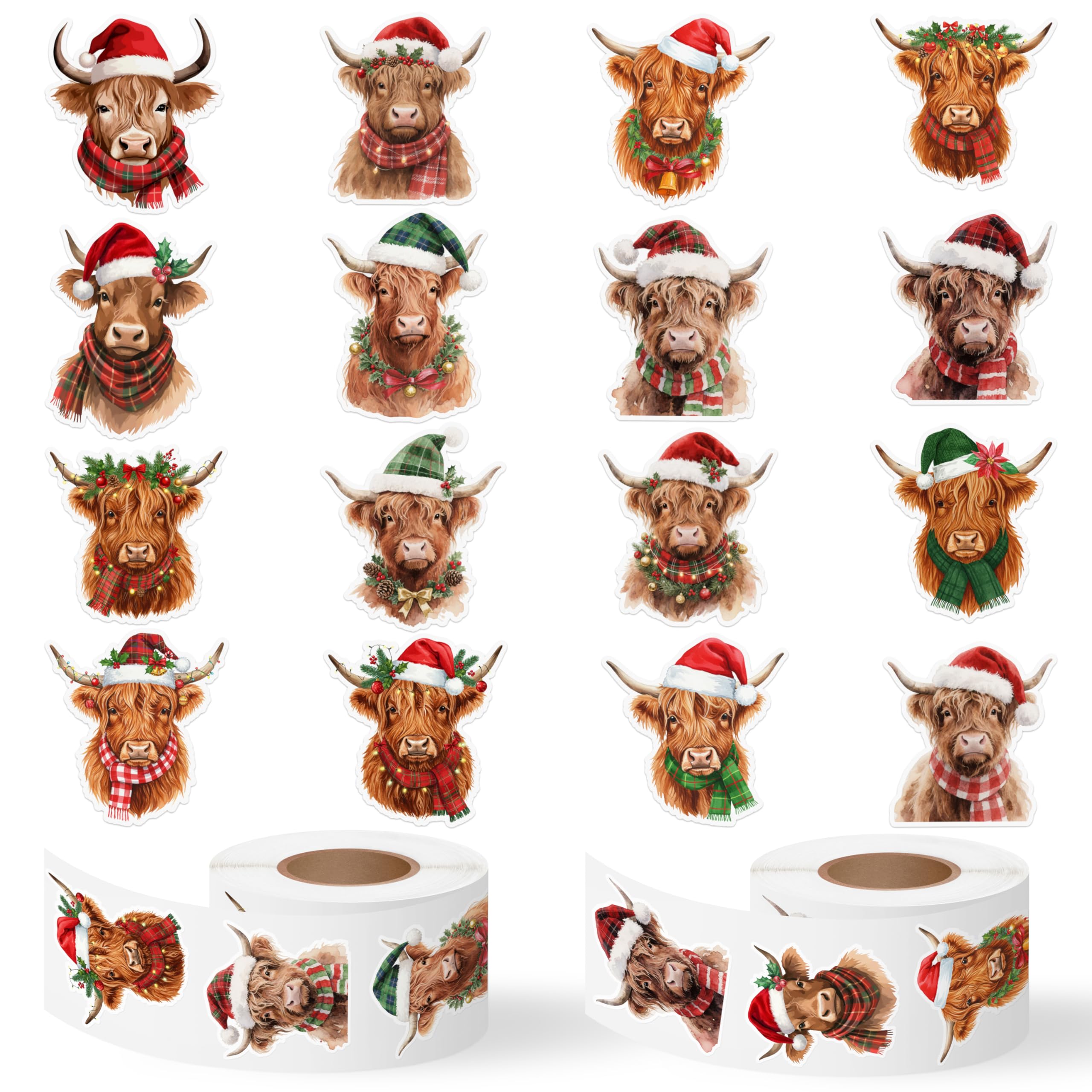 Christmas Highland Cow Sticker - 600 Pcs Christmas Highland Cow Waterproof Vinyl Reusable Laptop Sticker Coloring Book Scrapbook Water Bottle Page Activity Pad Party Favor Skateboard Gift