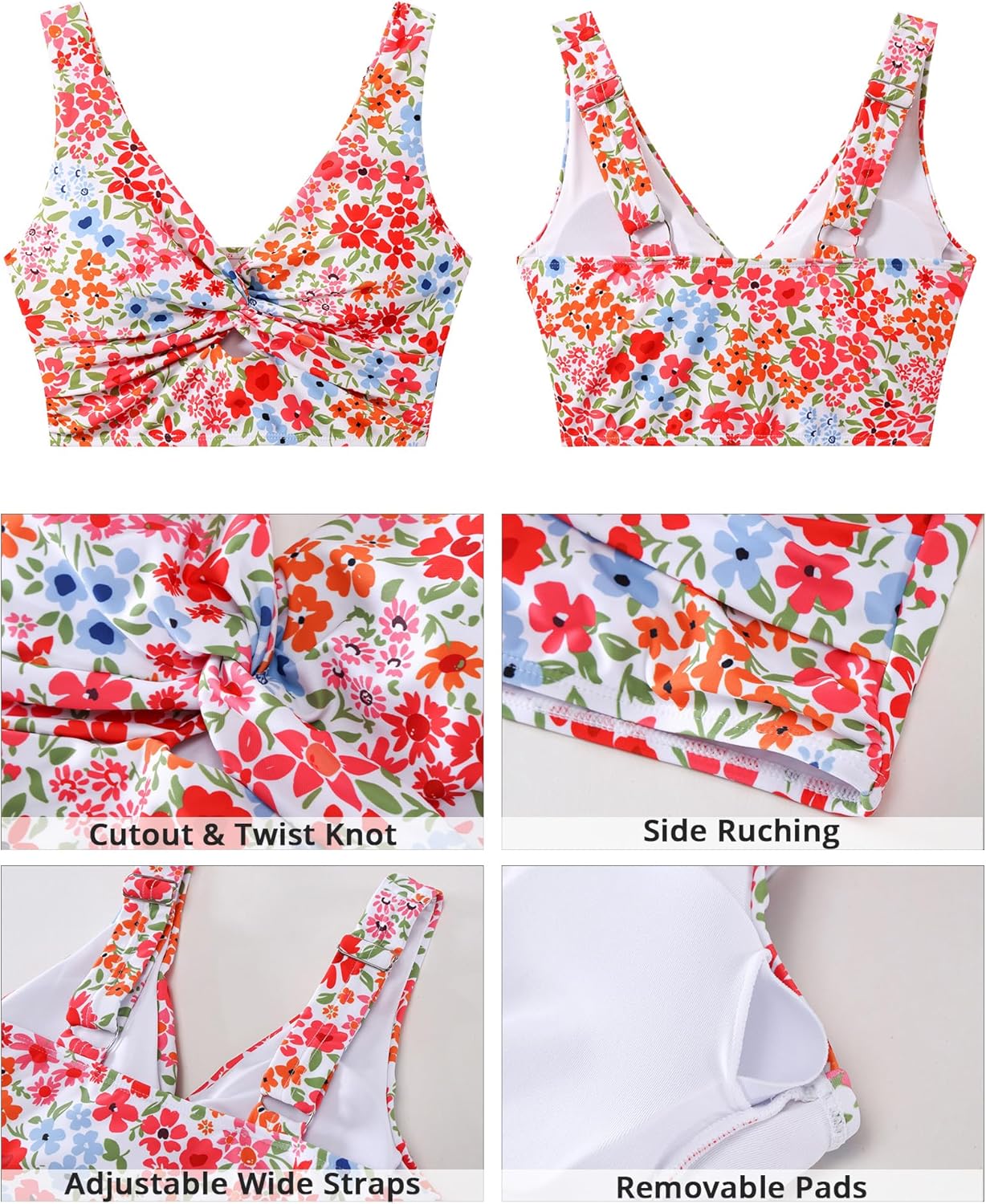 GRAPENT Bikini Tops for Women Cropped Tankini Tops Floral Printed Beach Padded Knot Twist Cut Out Bathing Suit Top Only - Image 5