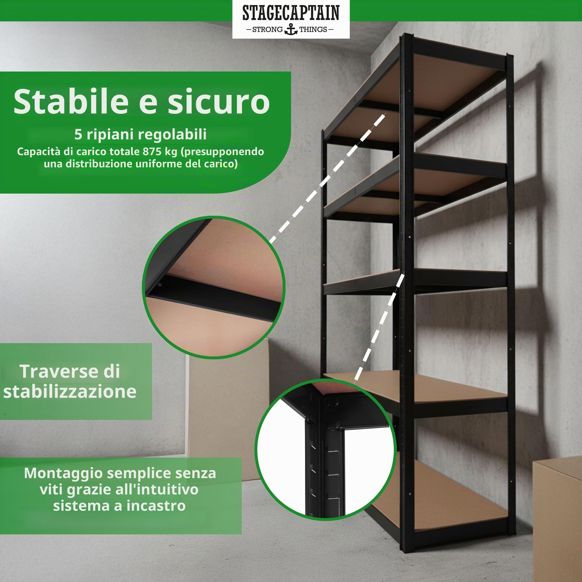 Stagecaptain Heavyrack HR-175 BK Sistema di 4 Scaffali in Metallo - Scaffalatura per magazzino - Scaffale per carichi pesanti - 875kg di capacità di Carico - 5 ripiani in legno regolabili - Nero