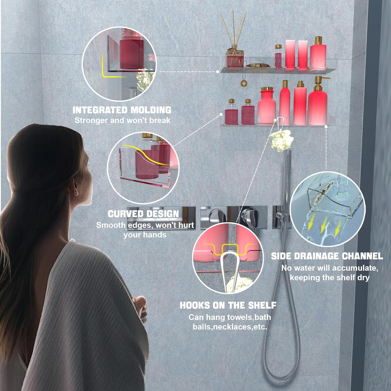 Acrylic Shelves Bathroom 2 Pack Clear Shower Floating Shelf with Hooks Transparent Wall Mounted No Drilling Thick Storage Display Shelving (2 Pcs Shelves)