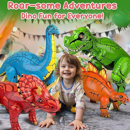 Miniatura 3 de Forest & Twelfth Juego de 6 dinosaurios inflables, Apatosaurio, Estegosaurio, Pterodáctilo, T-Rex, Raptor, Triceratops, decoraciones ideales para