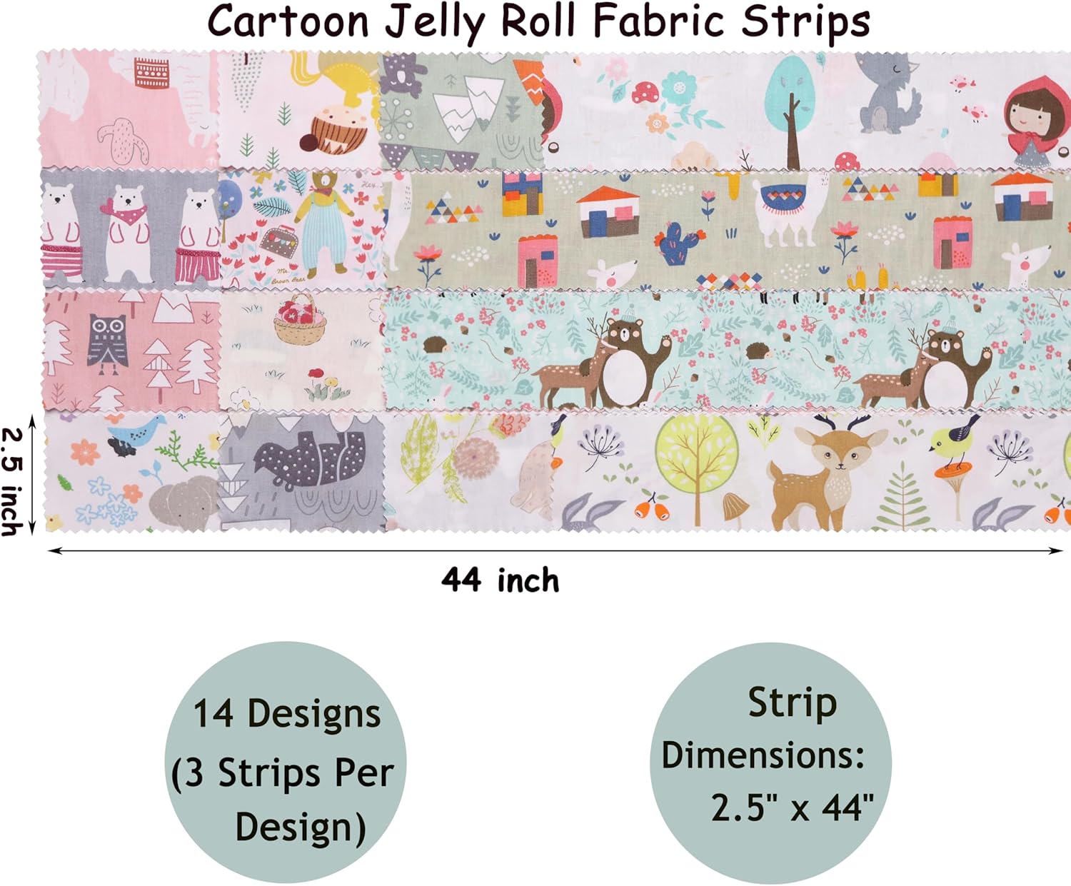 Jelly Rolls Fabric Strips for Quilting, Crafting, and Sewing, 42 Strip Jelly Roll Fabric Clearance, Cartoon Animal Print Cotton Material for Blanket, Rug, Upholstery, Home Decor, and Crafts