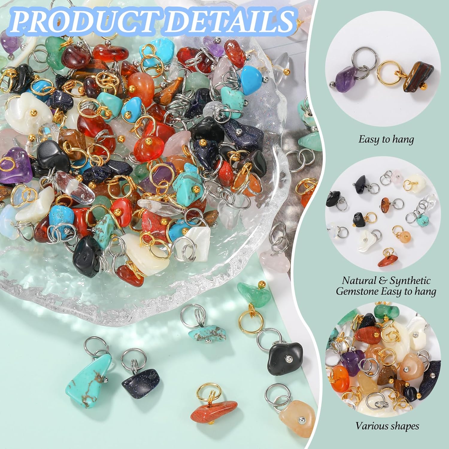 150Pcs 30 Styles Mixed Gemstone Nuggets Charms Stone Charms Crystal Pendants Bulk with 304 Stainless Steel Jump Ring for Necklace Earring Jewelry Making - Image 3