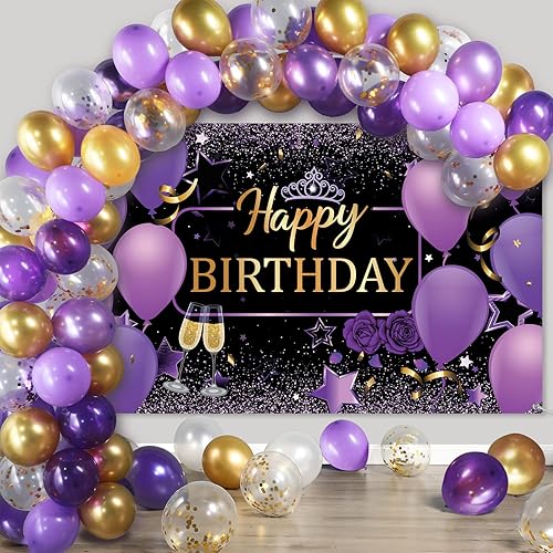 Decoraciones de fiesta de cumpleaños pĂşrpura y dorado kit de globos de confeti de color morado y dorado telĂłn de fondo de fotografĂa de feliz Decoraciones de fiesta de cumpleaños pĂşrpura y dorado kit de globos de confeti de color morado y dorado telĂłn de fondo de fotografĂa de feliz