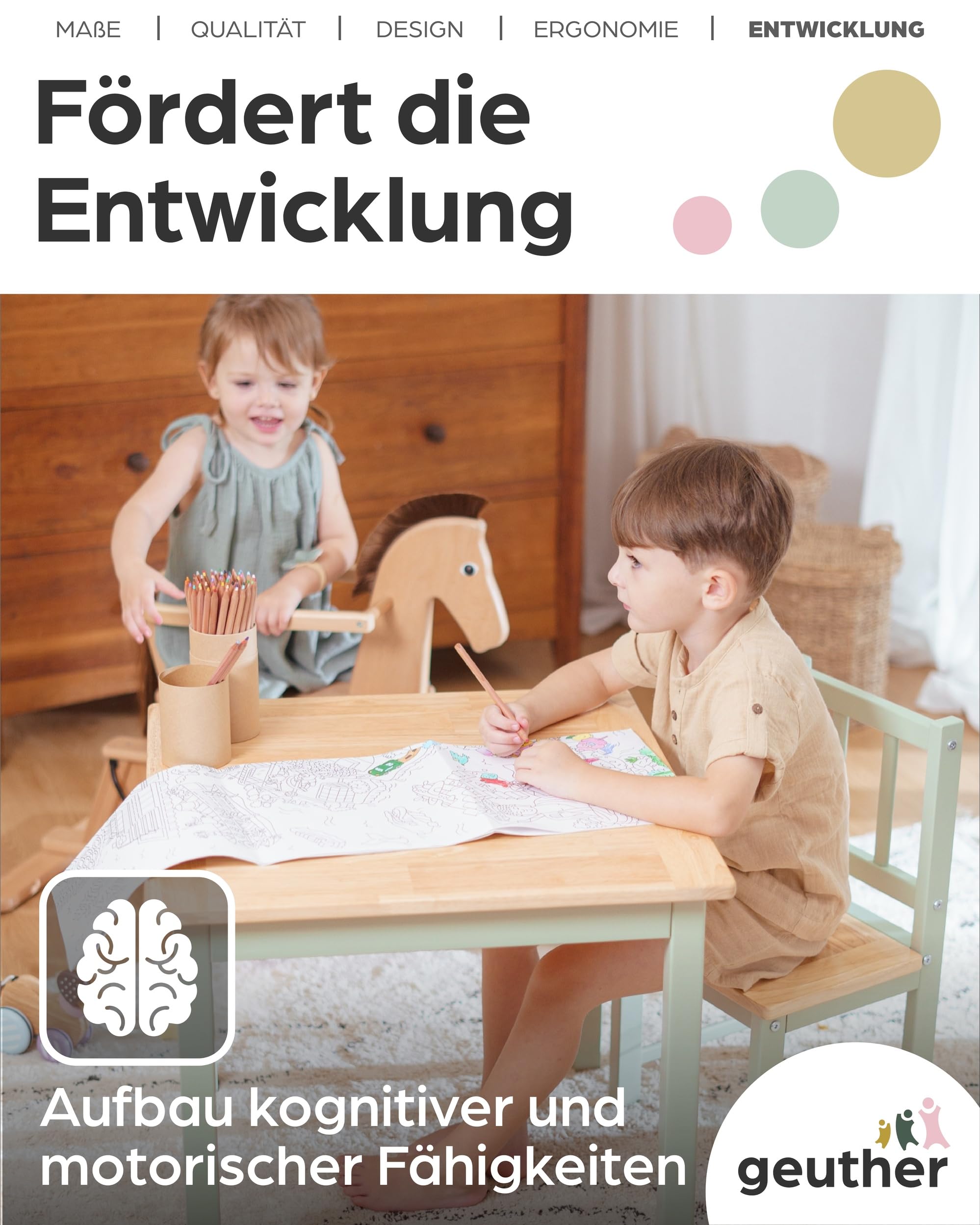 Geuther Kindersitzgruppe ACTIVITY I Kindertisch mit 2 Stühlen aus Holz I Spieltisch ab 1 Jahr | Kinder Tisch Stuhl Set für Kinderzimmer I Basteltisch & Maltisch für Kinder I Robuste Kinderzimmer Möbel