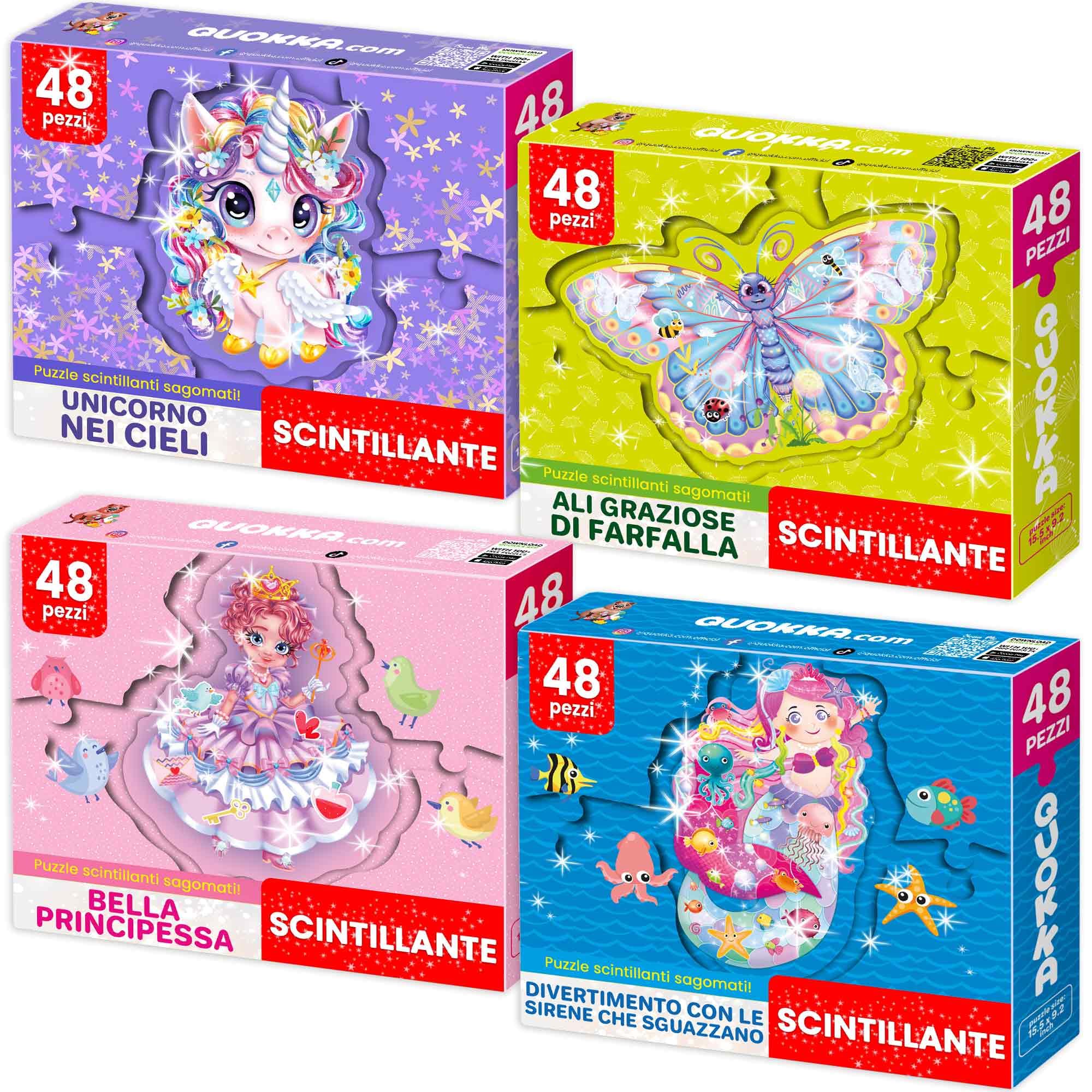 QUOKKA Shimmer Puzzle per Bambini Dai 4 ai 6 Anni - Puzzle a Forma di 48 pezzi - Confezione da 4: Principessa, Sirena, Farfalla e Unicorno - Giocattolo Bambini