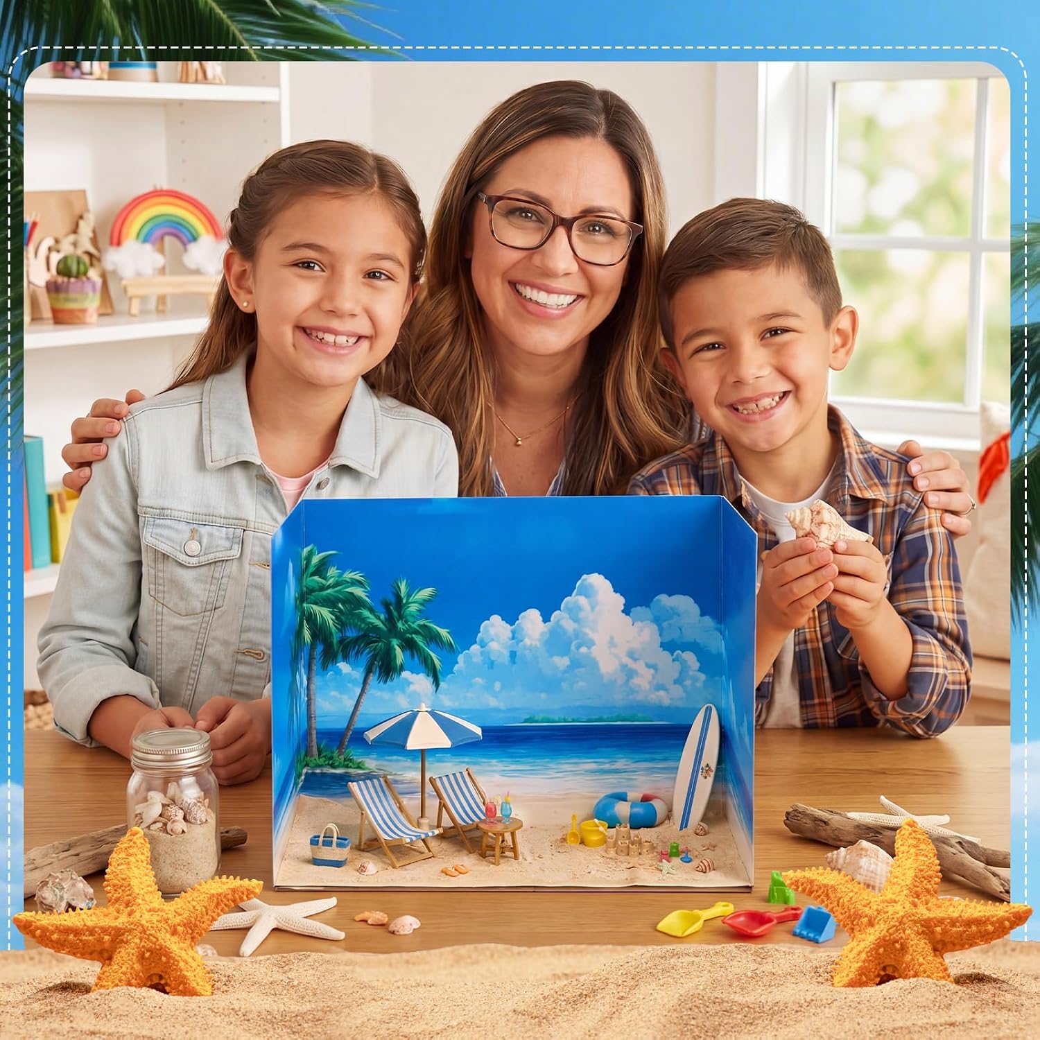 AmazingSpark 2 Set Summer Beach Diorama Box and Sand Sticker Decor, Seaside Diorama Project Supplies Set, Ocean Cardboard Display Case Kit & Waves Sticker with Double Sided Tapes for DIY Crafts