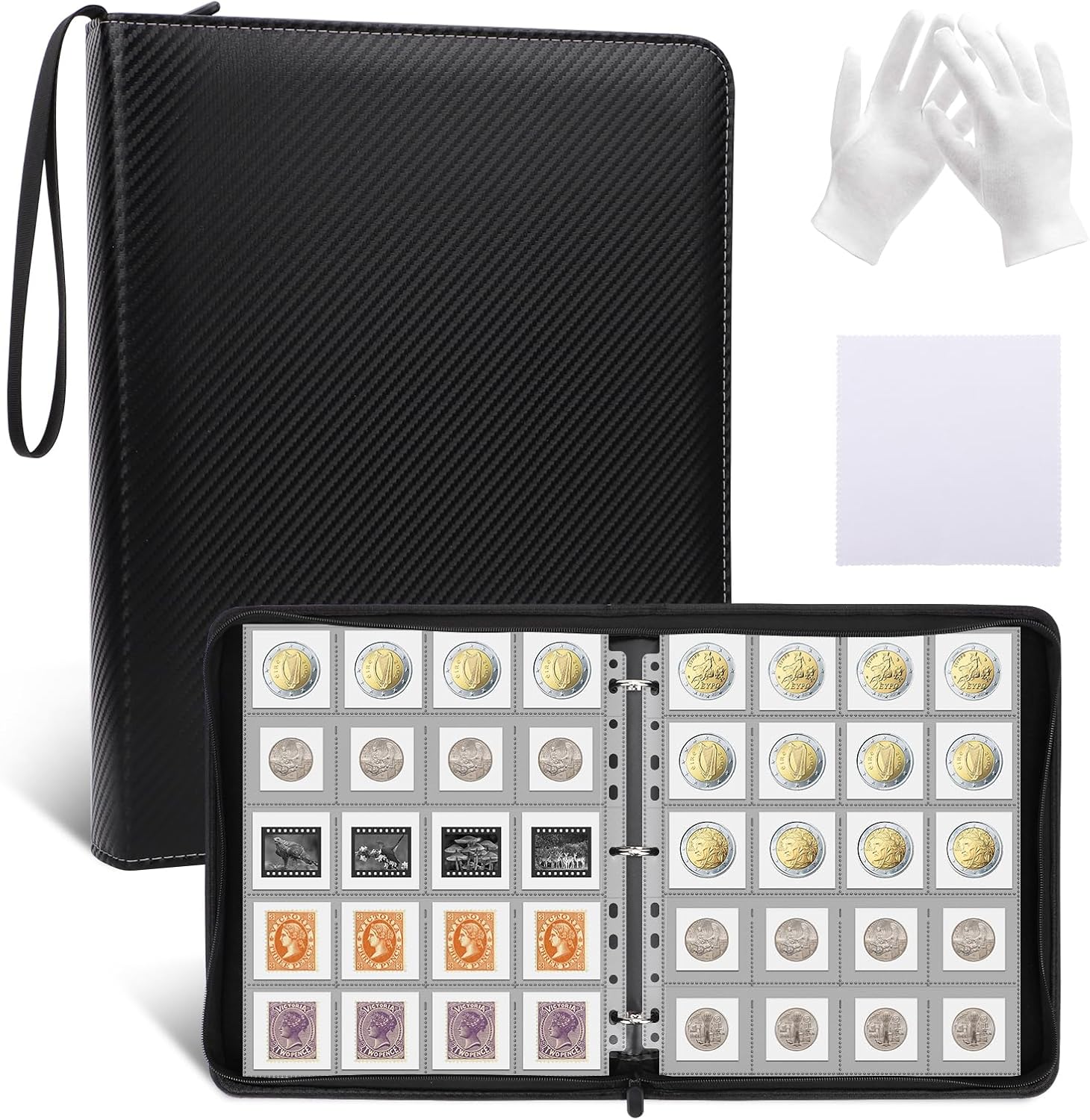 Portable Coin Collection Book - 600 Pockets Coin Holders for Collectors, Stamp Collecting Supplies Money Organizer for Cash Bill Penny Quarter Stamp, Black