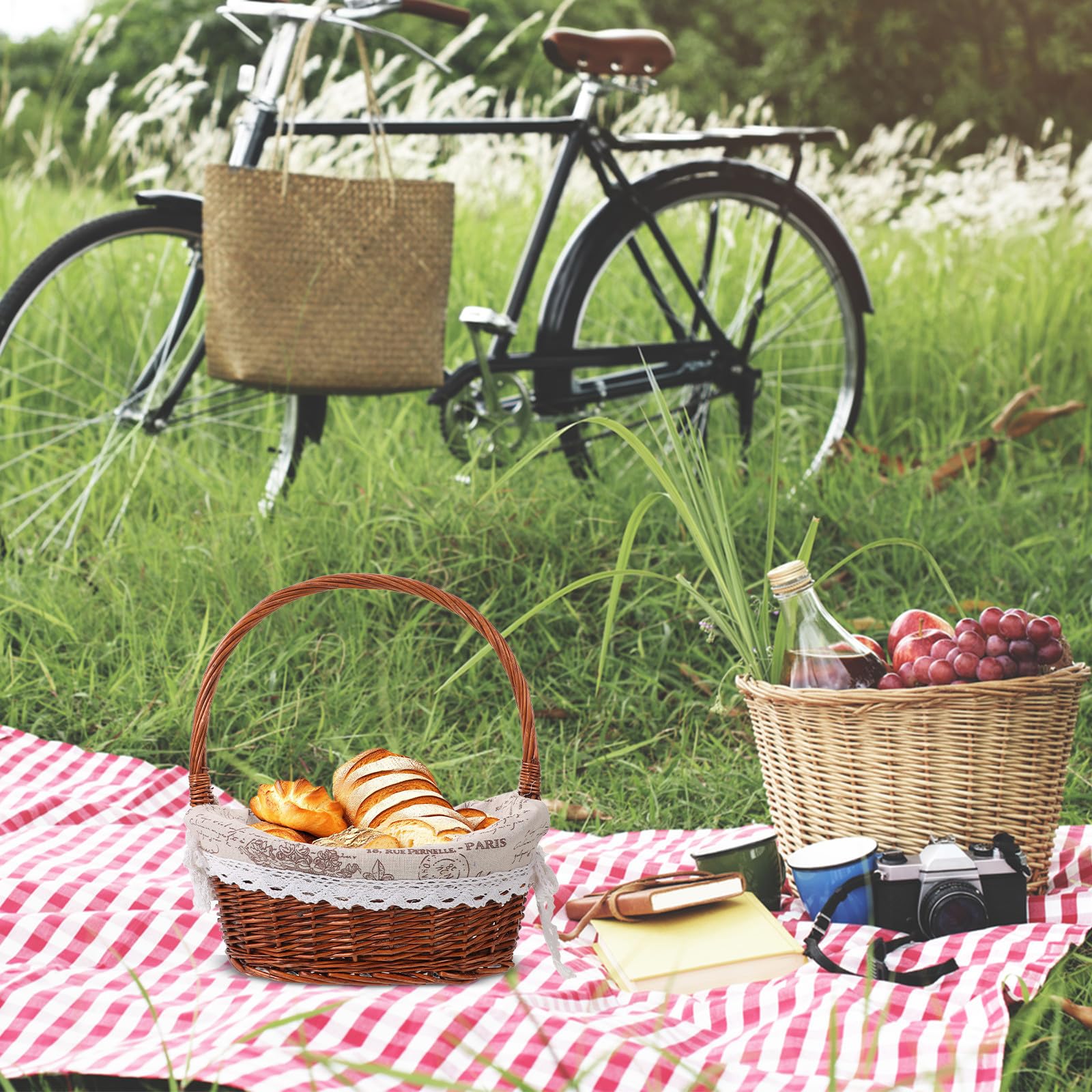 Veemoon Cesta de Picnic de Mimbre con asa, Ovalada, vacía, Tejida en ratán, para Guardar Huevos de Pascua, Dulces, Frutas, Snacks y Verduras. Forrada en Tela.