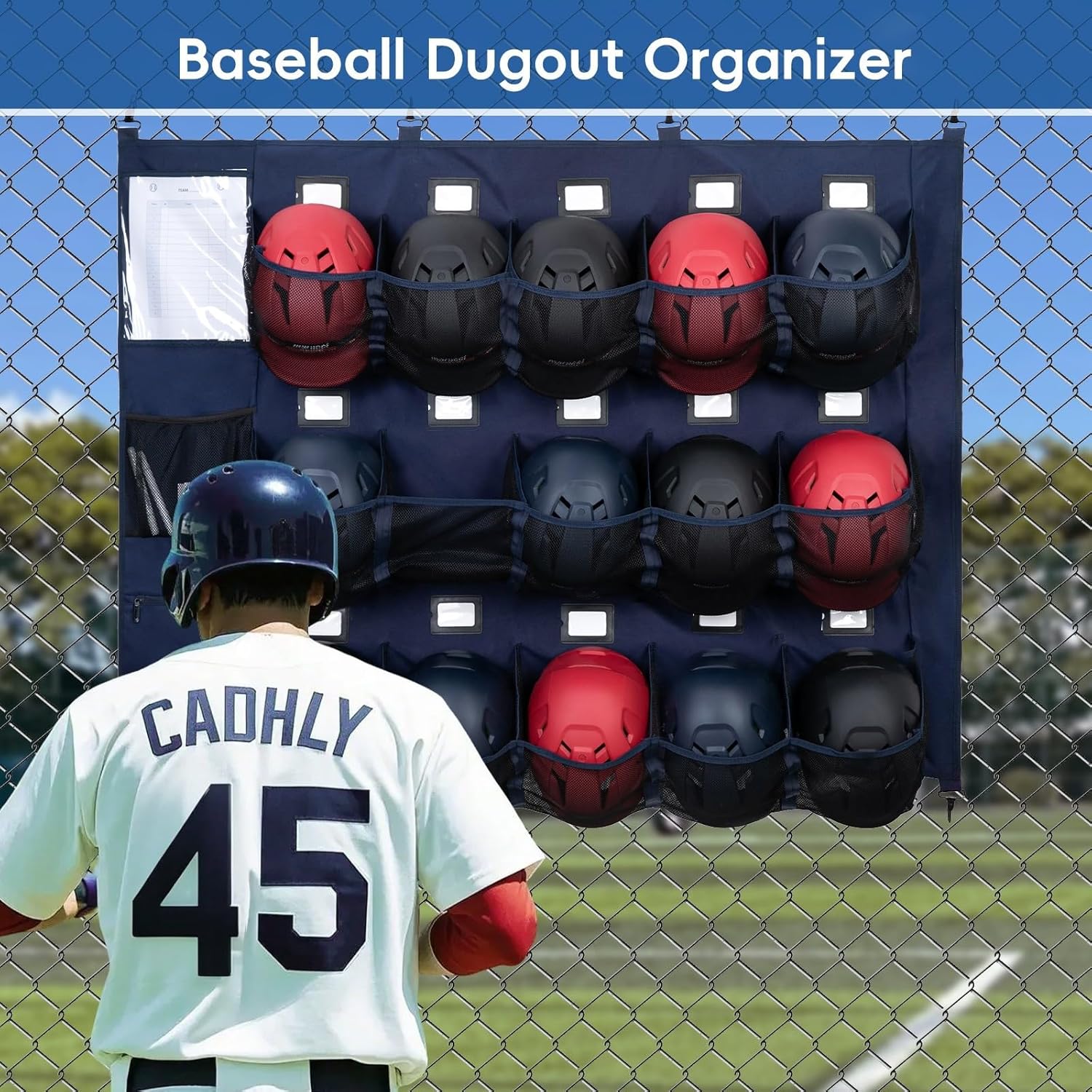 KAVIGOR Baseball/Softball Dugout Organizer - 15+ Helmet & Glove Storage Bag, Military-Grade 900D Fabric & 6 Reinforced Steel Hooks