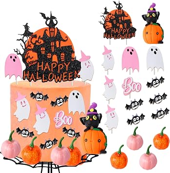 Halloween Cake Decorations Pink Orange, Halloween Pumpkins Spider Cake Figurines Boo Cake Toppers, Baby Shower Birthday Bachelorette Party Decorations Supplies Favors