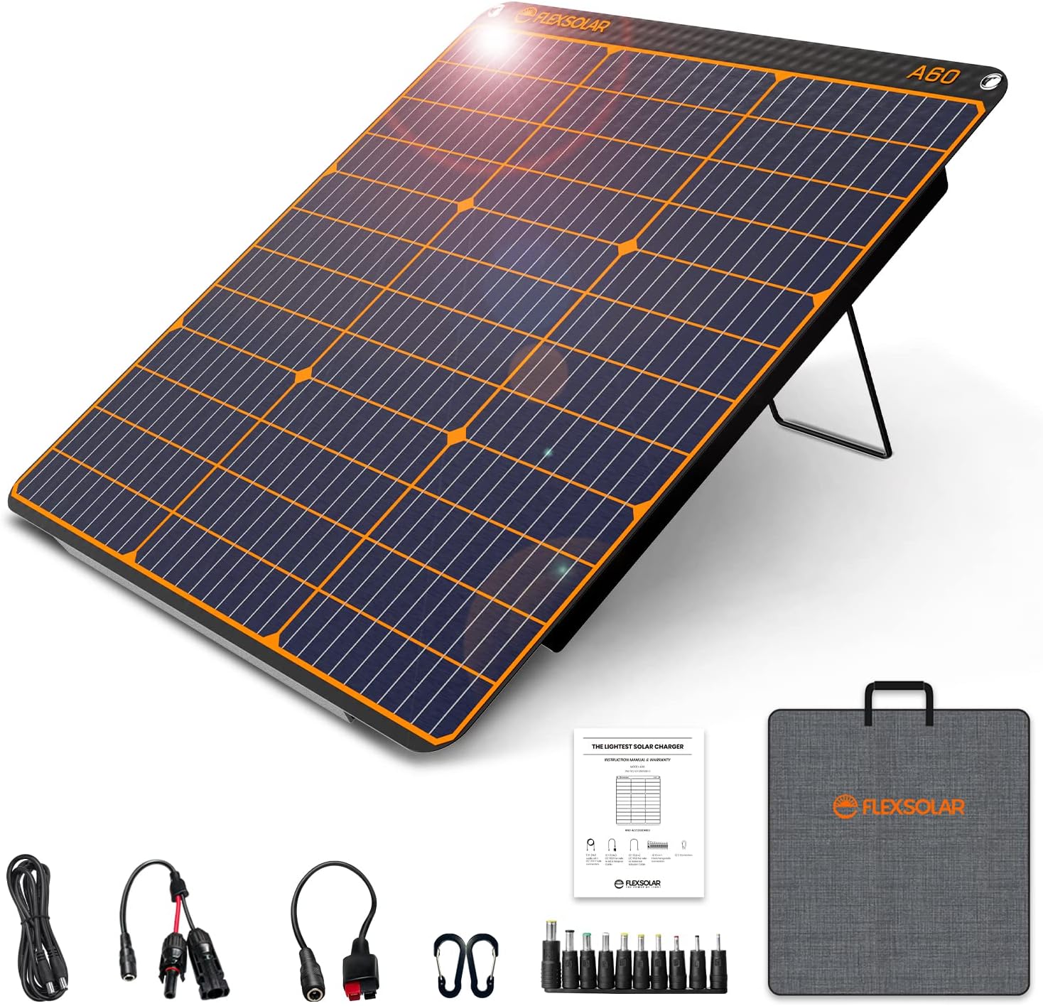 FlexSolar 60W Portable Solar Panel, Foldable Solar Charger with Stand, USB 3.0 USB-C (PD 60W), DC/Anderson, IP67 Waterproof for Outdoor Camping Phones Laptops Solar Generators and Power Stations