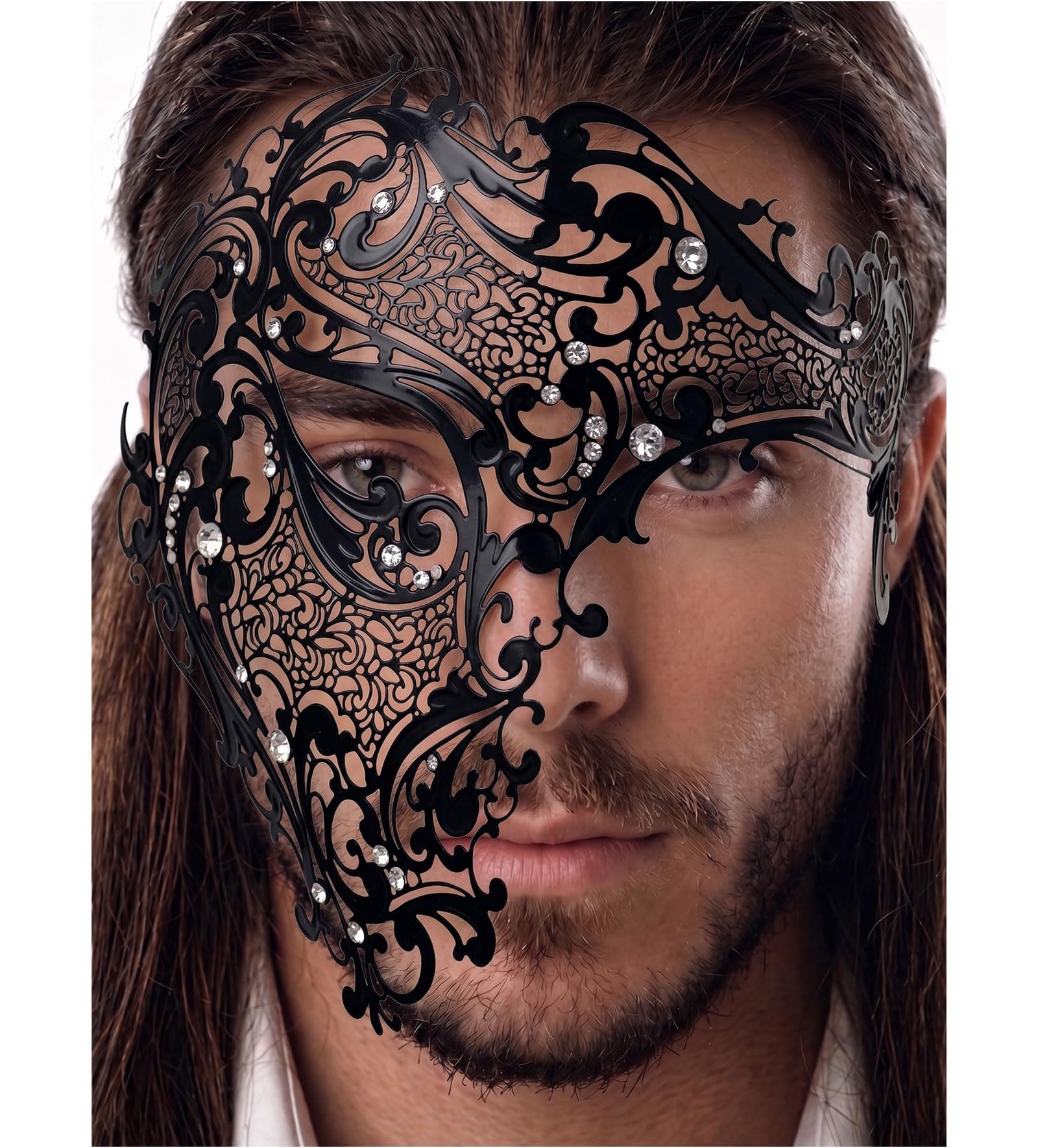 Photo 1 of Masquerade Mask for Men with Rhinestones - Elegant Metal Half Face Phantom of the Opera Mask for Mardi Gras, Prom, Halloween, Venetian Balls, and Costume Events (Black/Clear Stones)