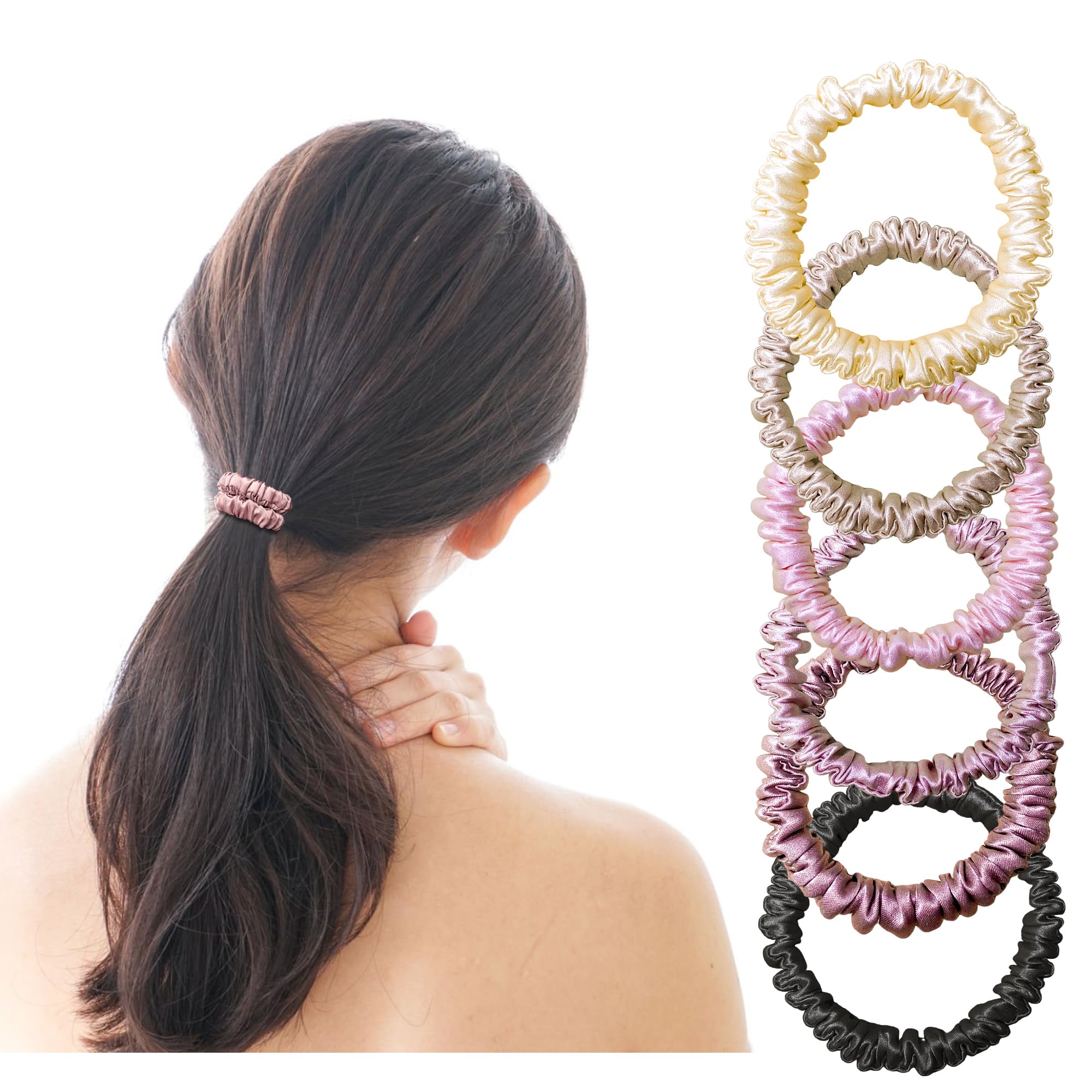 Chloven Coleteros pequeños de seda para mujer, paquete de 6 coleteros de seda de morera de 19 mm para el cabello, lazos pequeños para cabello rizado, grueso, soportes de cola de caballo de satén suave