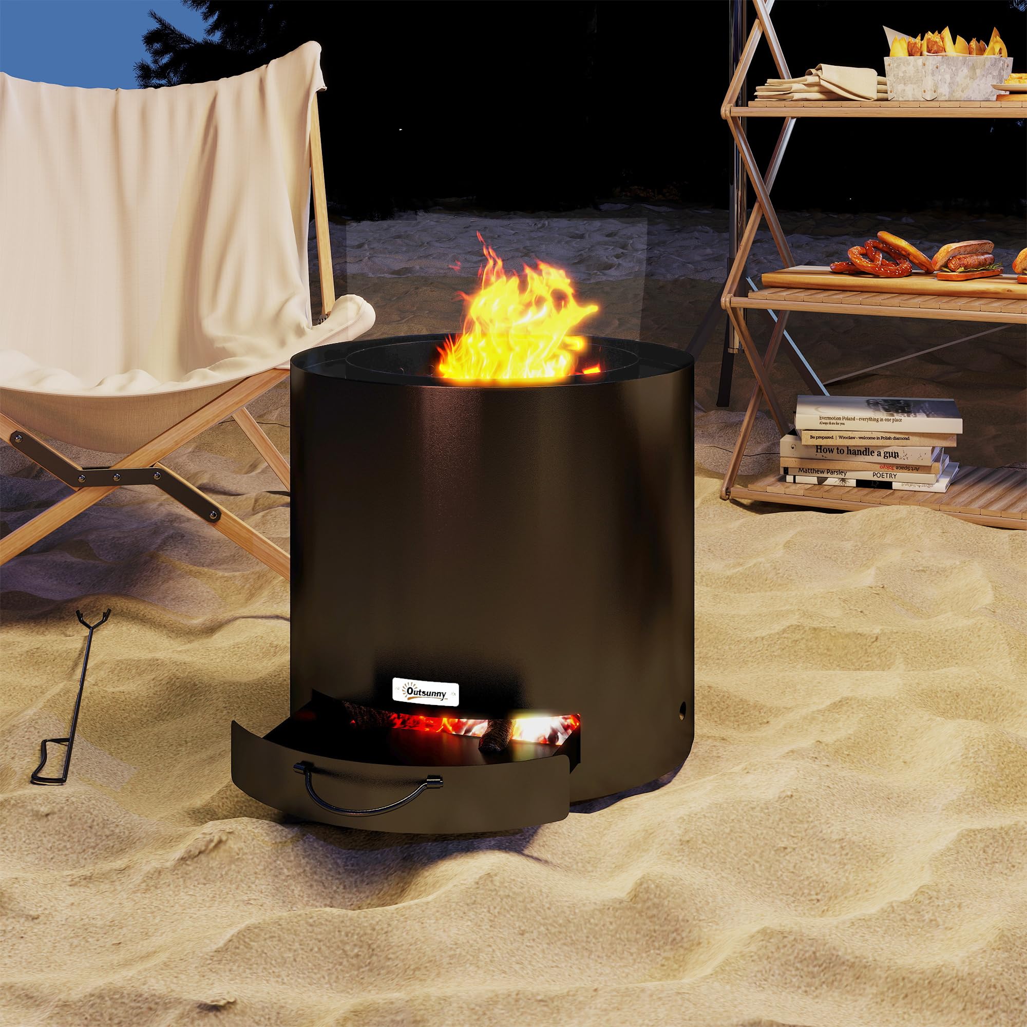 Outsunny Brasero Exterior Redondo Ø45x42 cm de Acero Brasero Exterior Jardín con Bandeja para Cenizas y Atizador Protector de Chispas para Terraza Camping Fiesta Negro