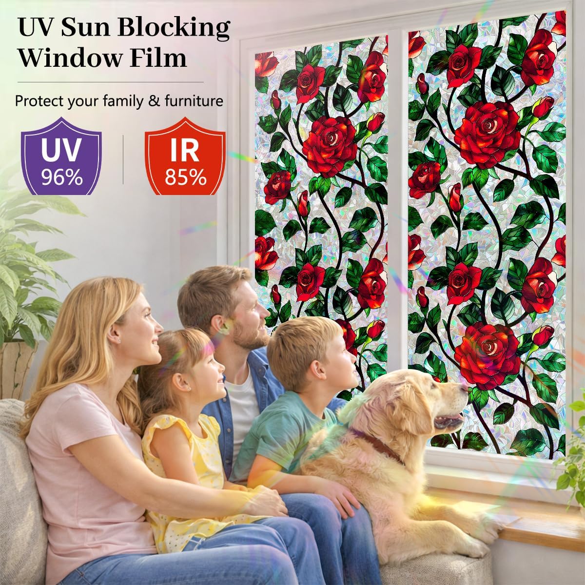 Stained Glass Window Film 17.7 x 78.7 in, Red Rose Floral Decorative Window Privacy Film UV Blocking Static Cling for Glass Windows in Home Door Sunroof