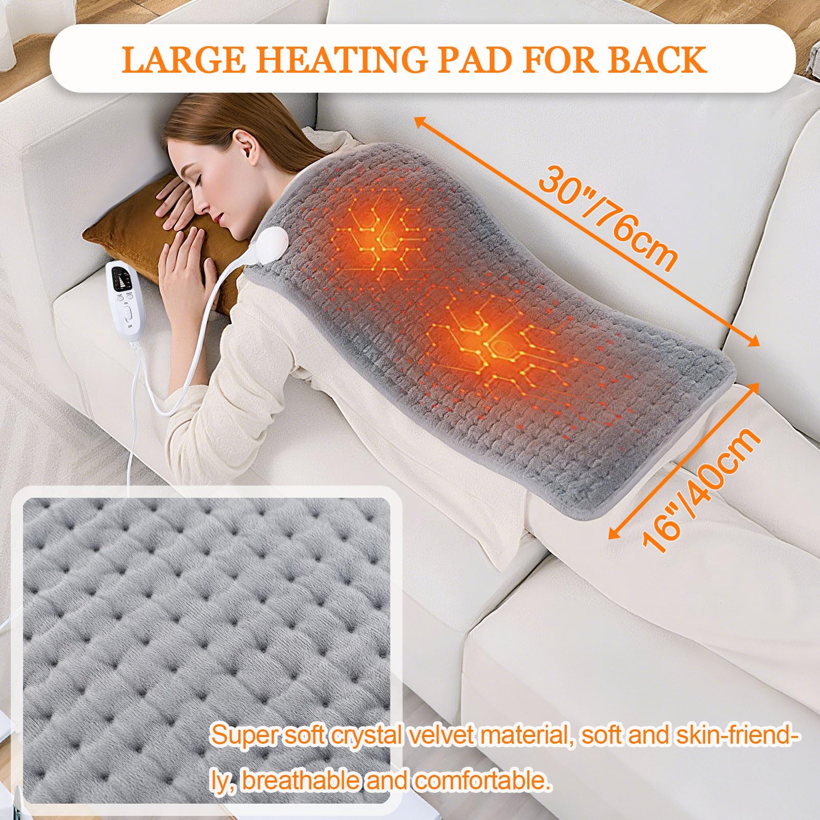 Cuscinetto Riscaldante King Size con 6 Ompostazioni di Temperatura e 4 Timer, Sollievo dal Dolore per Schiena/Spalle/Addome/Gambe, Opzioni di Calore, Spegnimento Automatico,Dark grey,16"x30"/40*76cm
