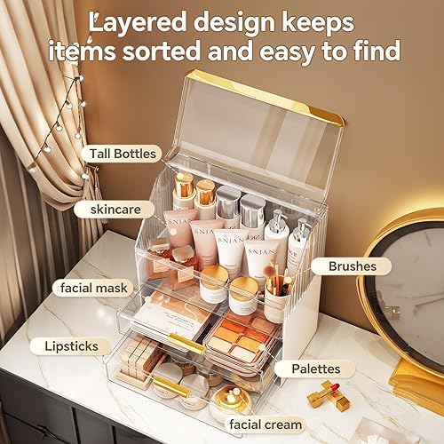 Miniatura 3 de Organizador de maquillaje, caja organizadora de tocador grande con tapa y 2 cajones con asa, versátil 3 niveles de almacenamiento transparente para