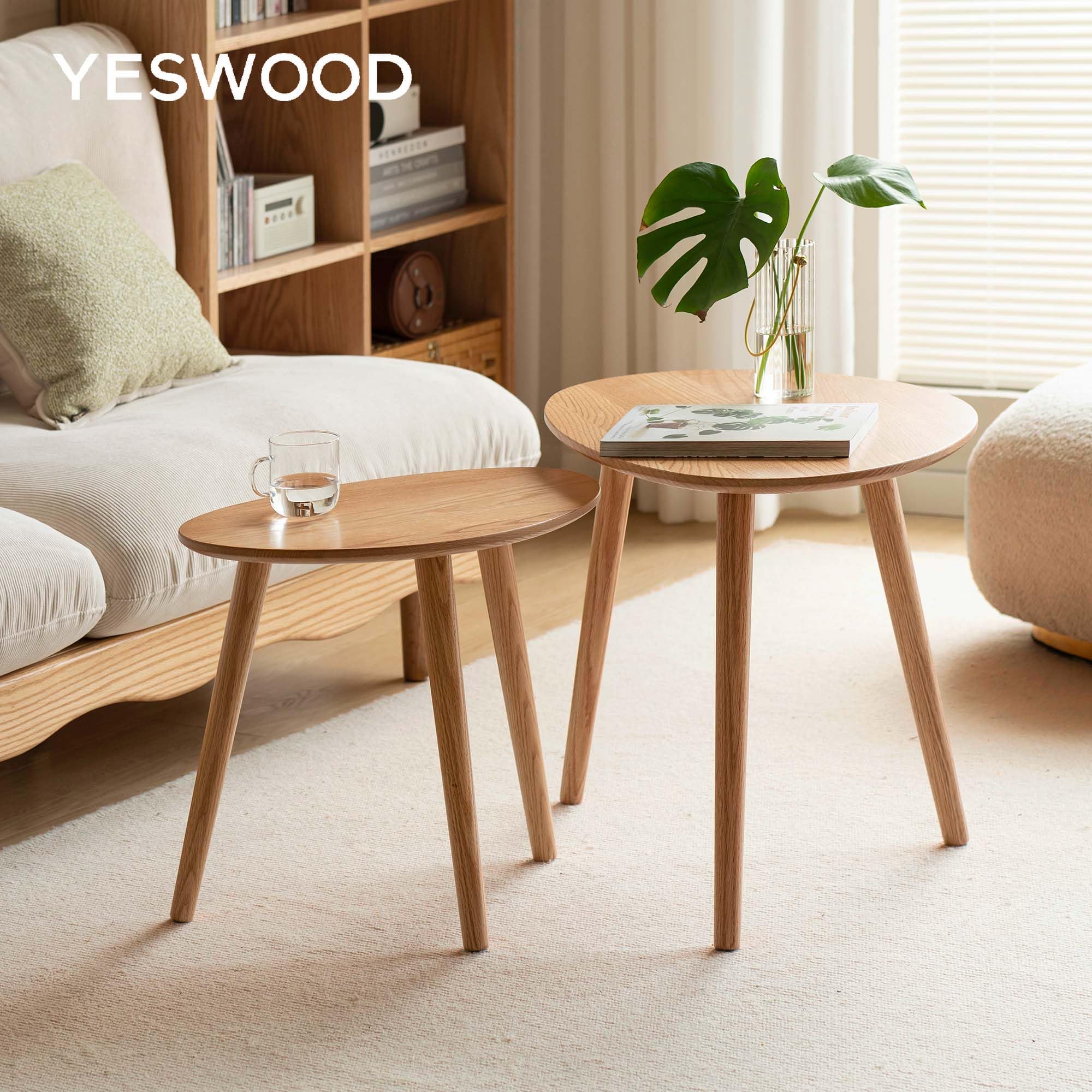YESWOOD Lot de 2 Tables Gigognes Ovales Chêne Massif, Chêne Naturel | Design Galets, Table Basse, Table d'Appoint, Pour Salon, Balcon
