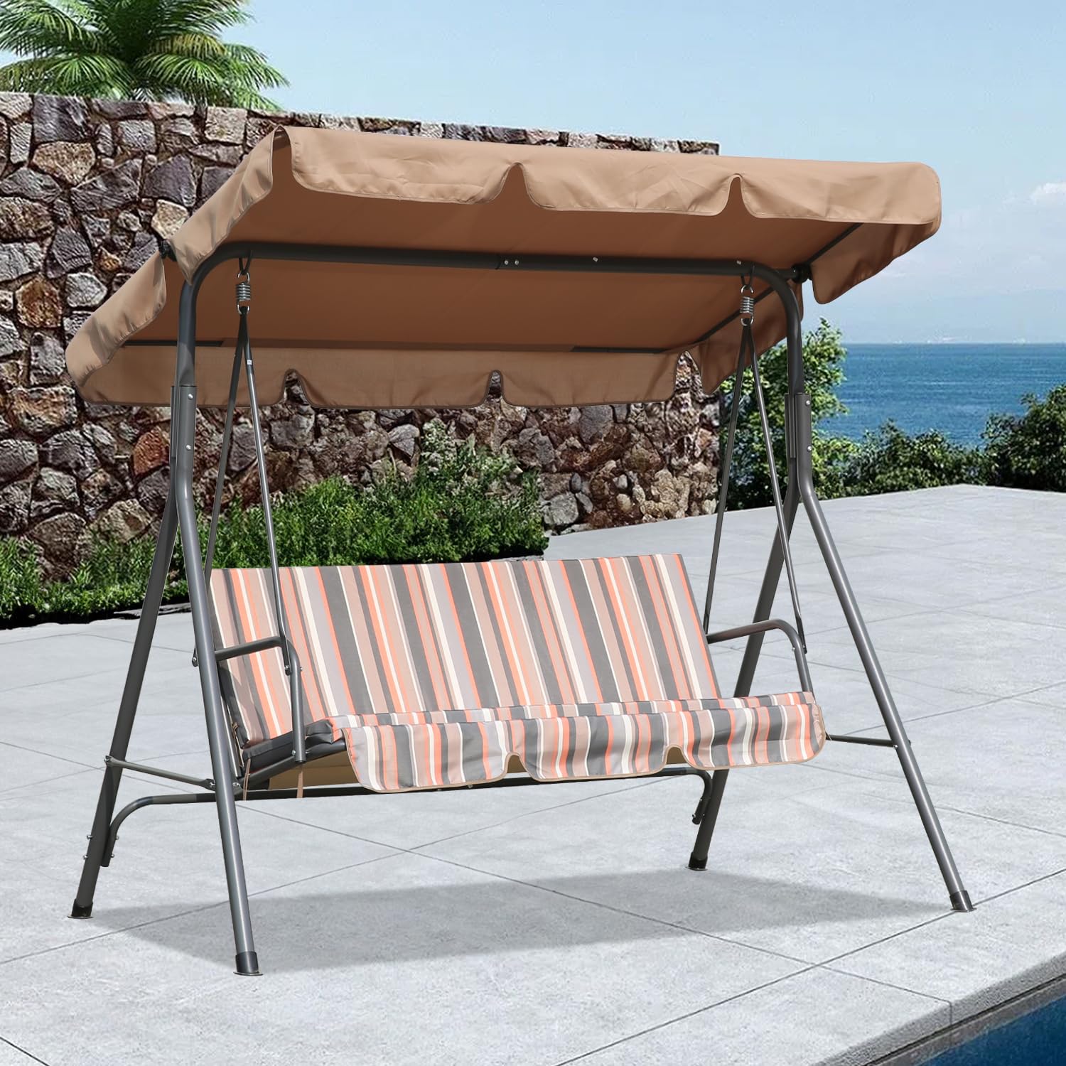 Angel Living Columpio de Jardín de Metal con Parasol Balancín de 3 Asientos con Cojín y Techo Ajustable para Terrza Balcón Exterior Acero Máx. 240kg - 169x110x151cm (Caqui)