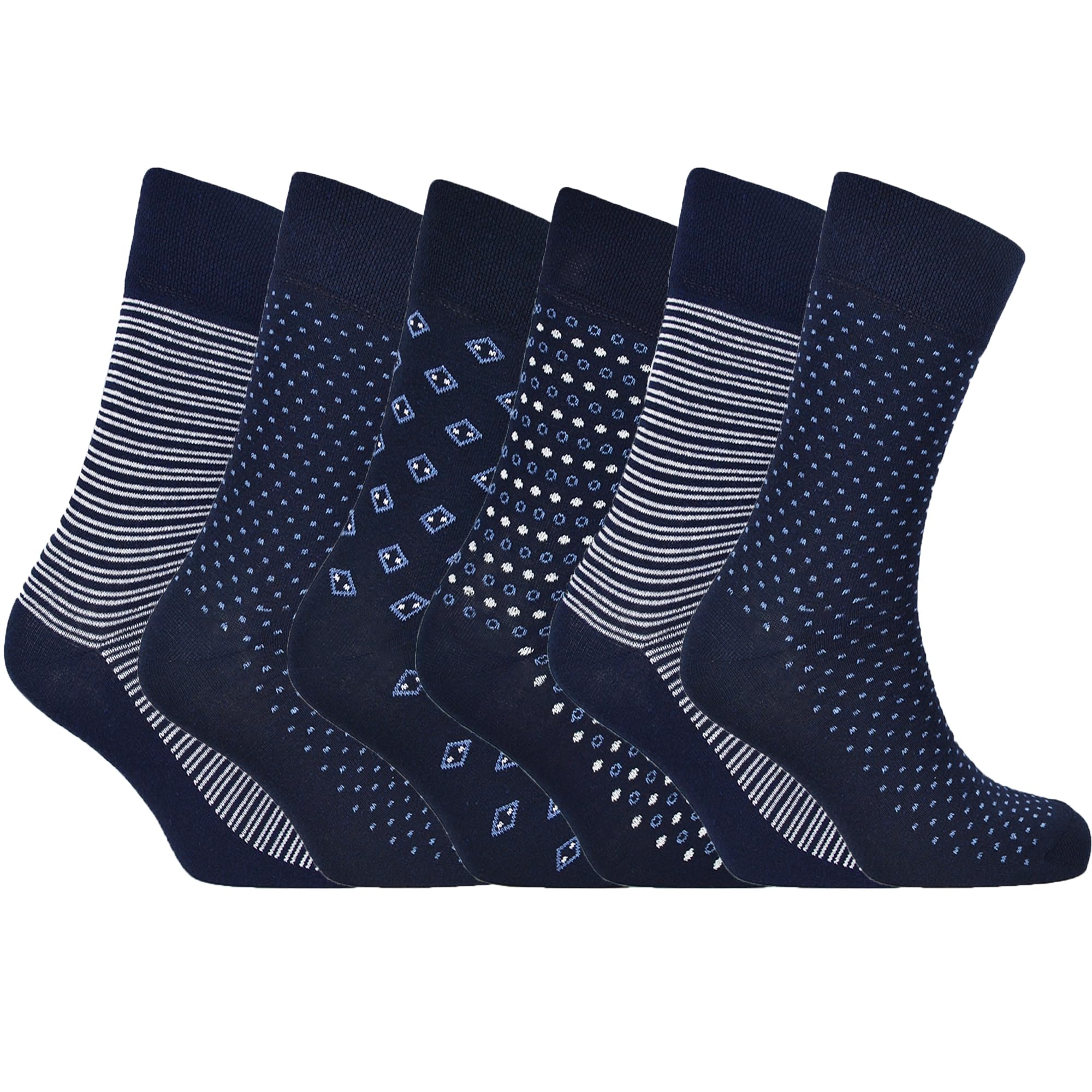 Pierre Klein Men's Assorted 6-Pairs Navy Mix Socks - Smart Dress Look - Suitable For Work And Casual Wear - Cotton Rich, Breathable And Durable - Uk 6-11 (Eur 39-46) - Navy Mixed Designs