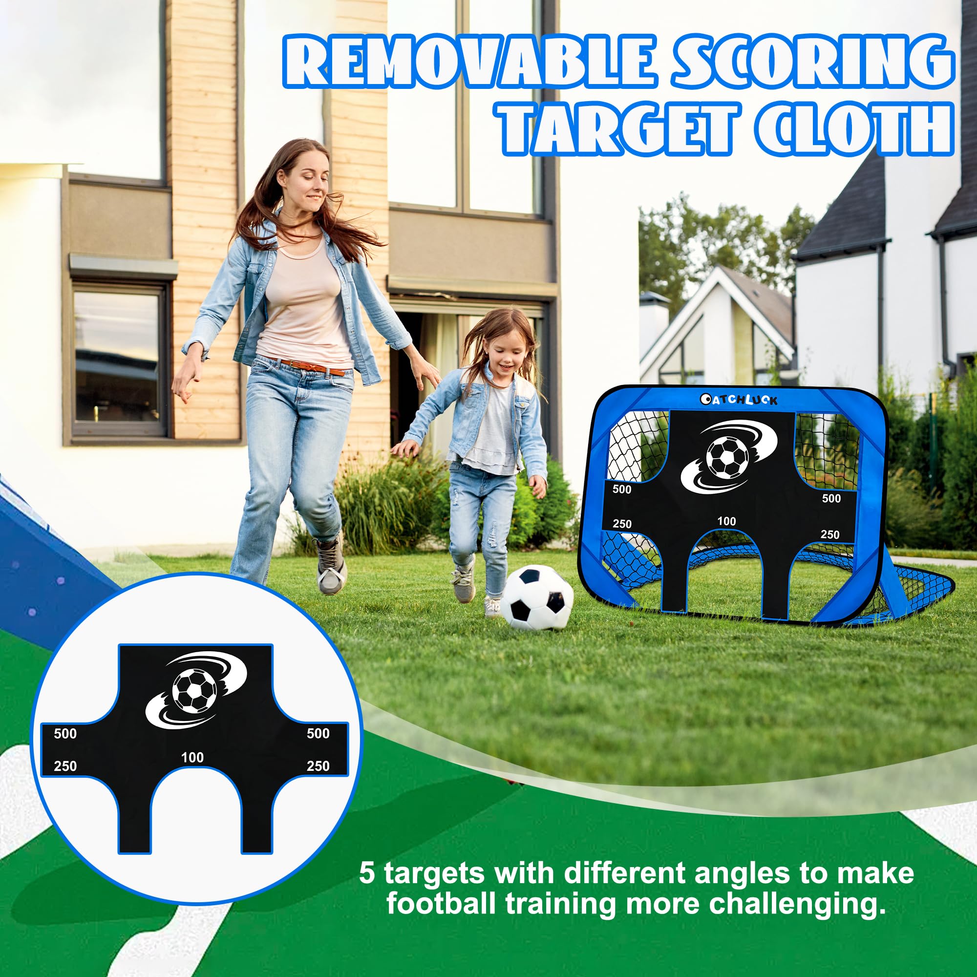 CATCHLUCK Porta da calcio per bambini, reti da calcio per giardino, 4 in 1, bersaglio per bambini, blu