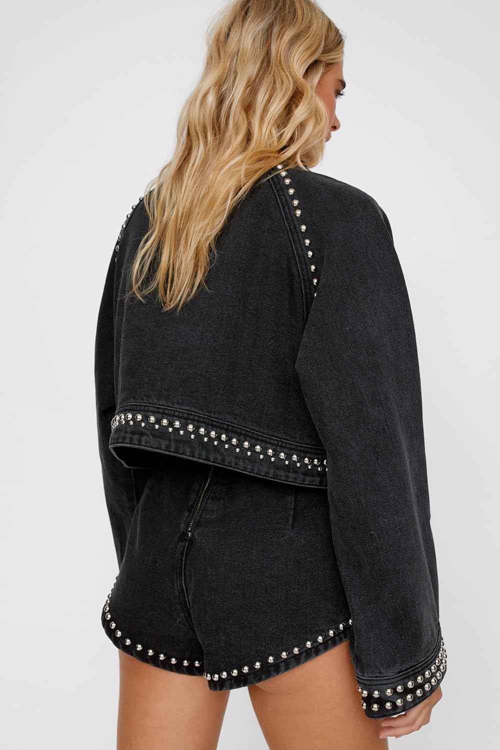 Nasty Gal Women's Denim Heart Studded Cropped Denim Jacket