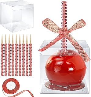MGWOTH Candy Apple Boxes with Bling Stick Hole Set,20 Pack Caramel Apple Wrapping Kit with Clear Containers & Rhinestone Bamboo Skewers & Glitter Ribbons,Top for Cake Pop Chocolate Treat Christmas
