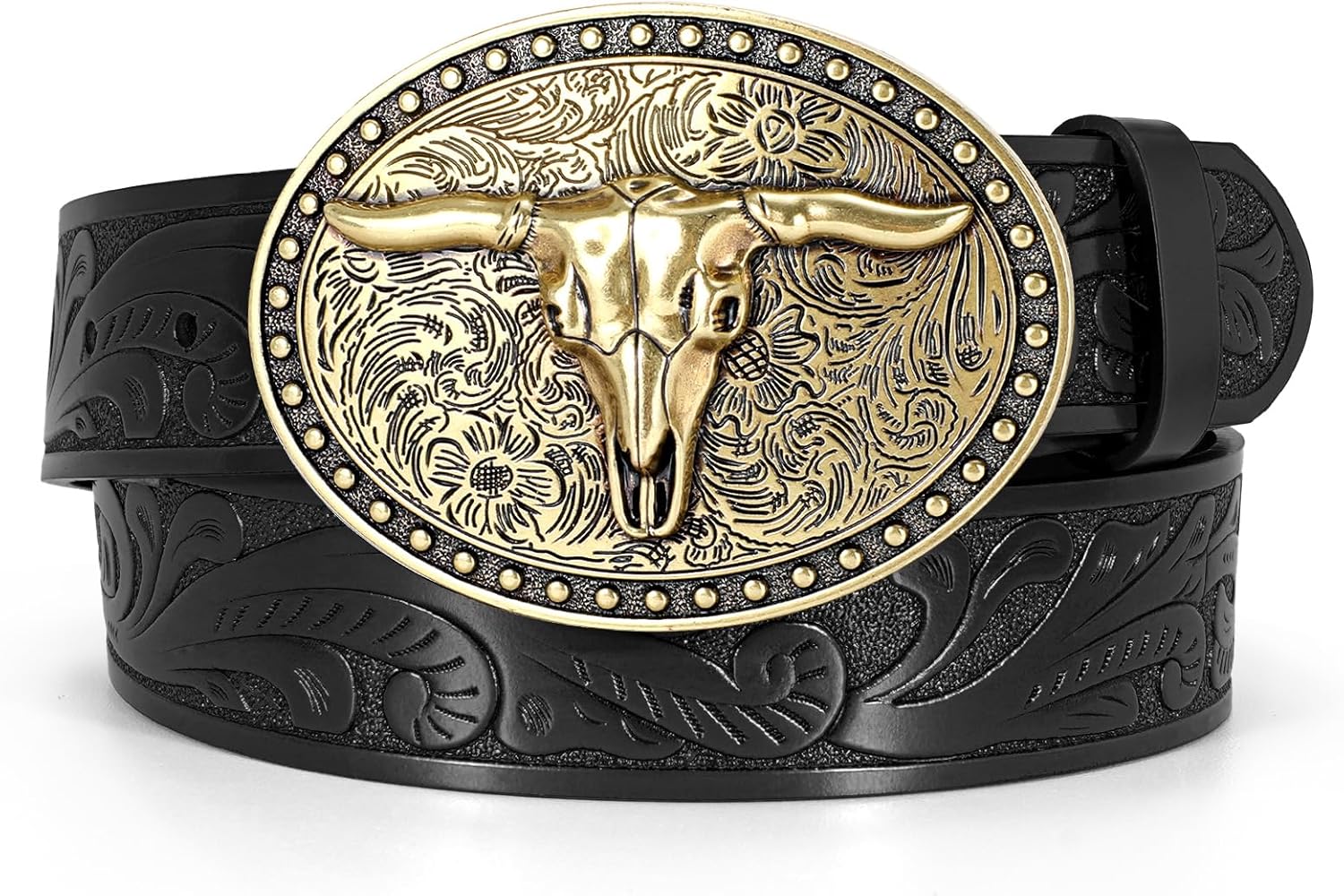 Western Leather Belt for Men Women Cowgirl Cowboy Western Longhorn Bull Buckle Belt for Jeans Christmas Gifts Belts