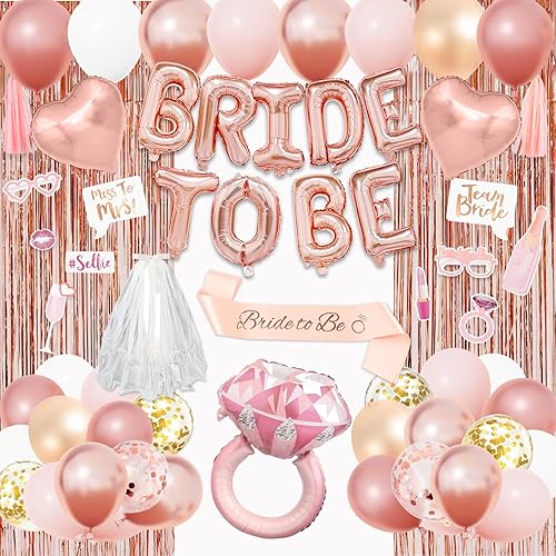 Amandir Bachelorette Party Decorations Supplies, Rose Gold Bridal Shower Decorations Bride Foil Ring To Be Sash Veil, Pink White Gold Heart Balloons Photo Booth Props Fringe Curtains Paper Tassel