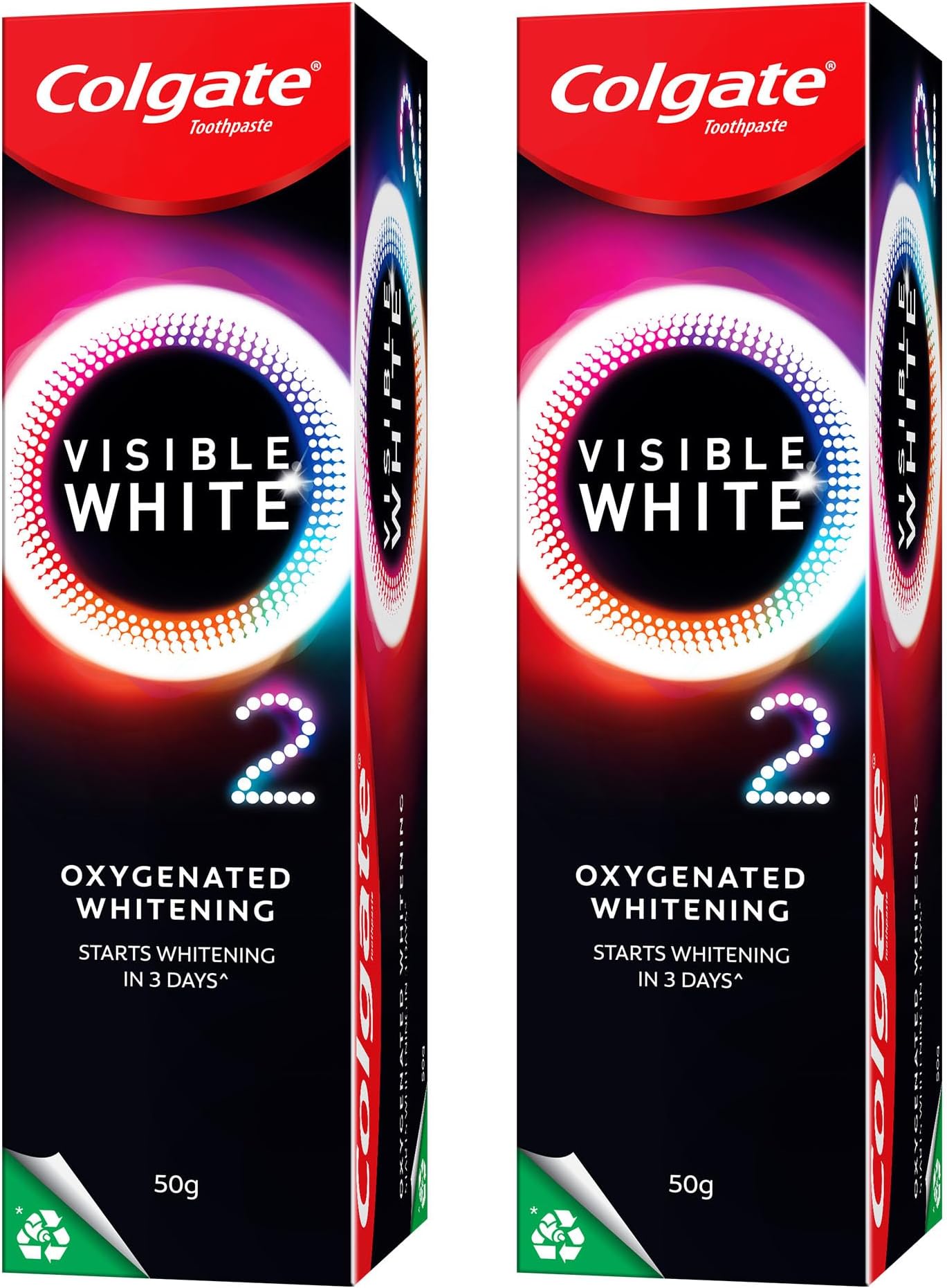 Visible White O2, Teeth Whitening Toothpaste (50g) for noticeably whiter teeth starting in 3 days. Peppermint Sparkle with Active Technology, Enamel Safe Teeth Whitening (Pack of 2)