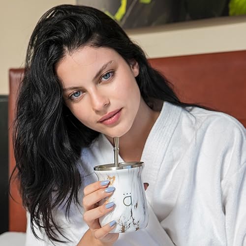 Miniatura 5 de Kalmateh New Yerba Mate Gourd - Vaso mate de acero inoxidable 188 de doble pared - Incluye pajita Bombilla y un cepillo de limpieza, 10 onzas