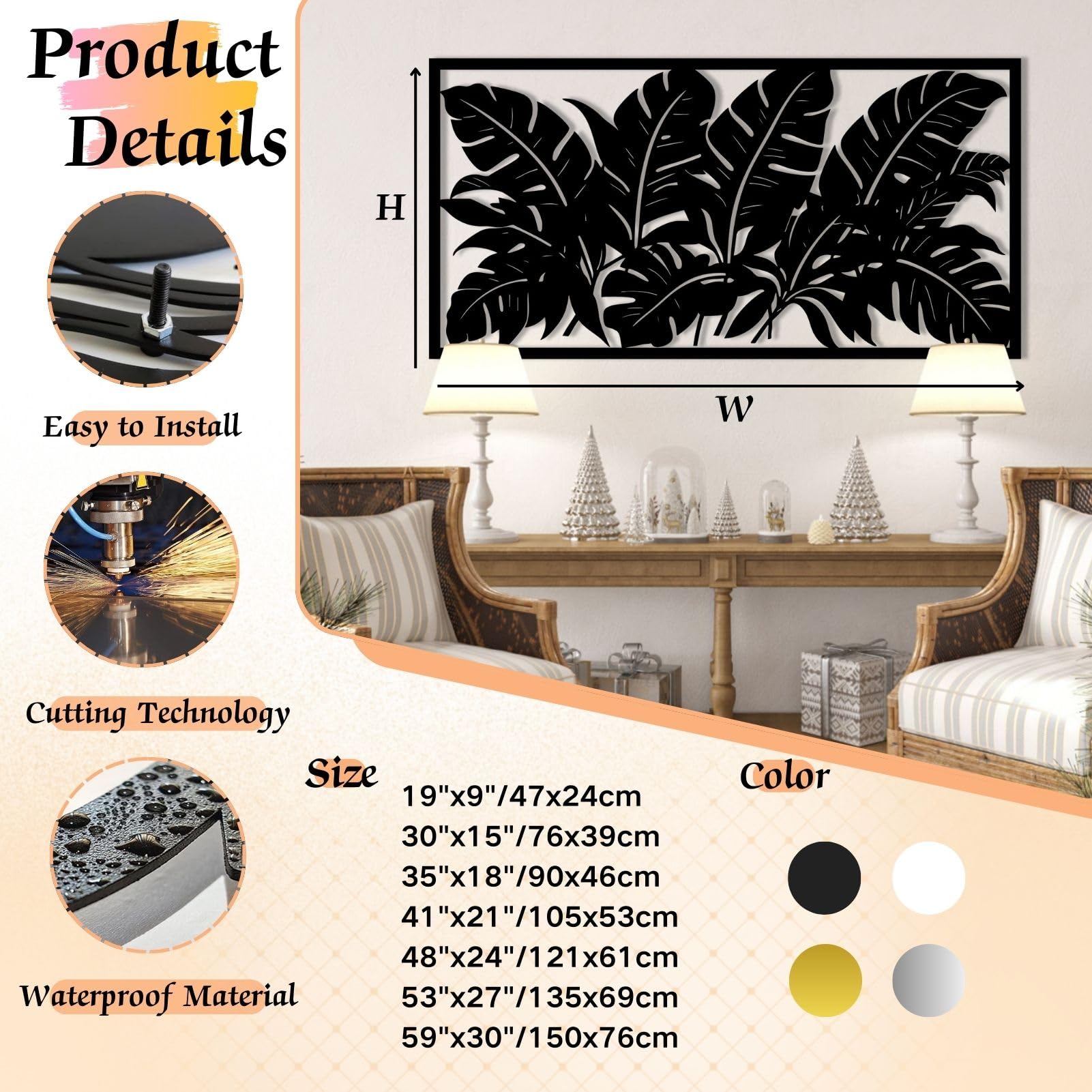 Schwarze Metall-Wandkunst mit Palmenblättern, Tropische Metall-Wandkunst, Blattkunstwerk, Moderne Skulptur für Wohnzimmer, Schlafzimmer, Flur, Heimdekoration (Weiß, 53" x 27" / 135 x 69 cm)