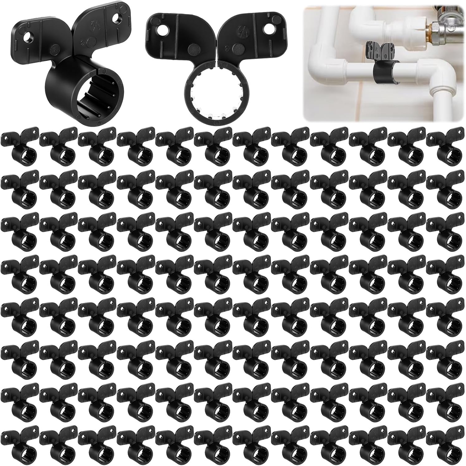 100 Pack 1/2 Inch Black Plastic Suspension Pipe Clamps, Butterfly Style Tubing Supports for PEX, Copper, CPVC Pipe, Easy Installation