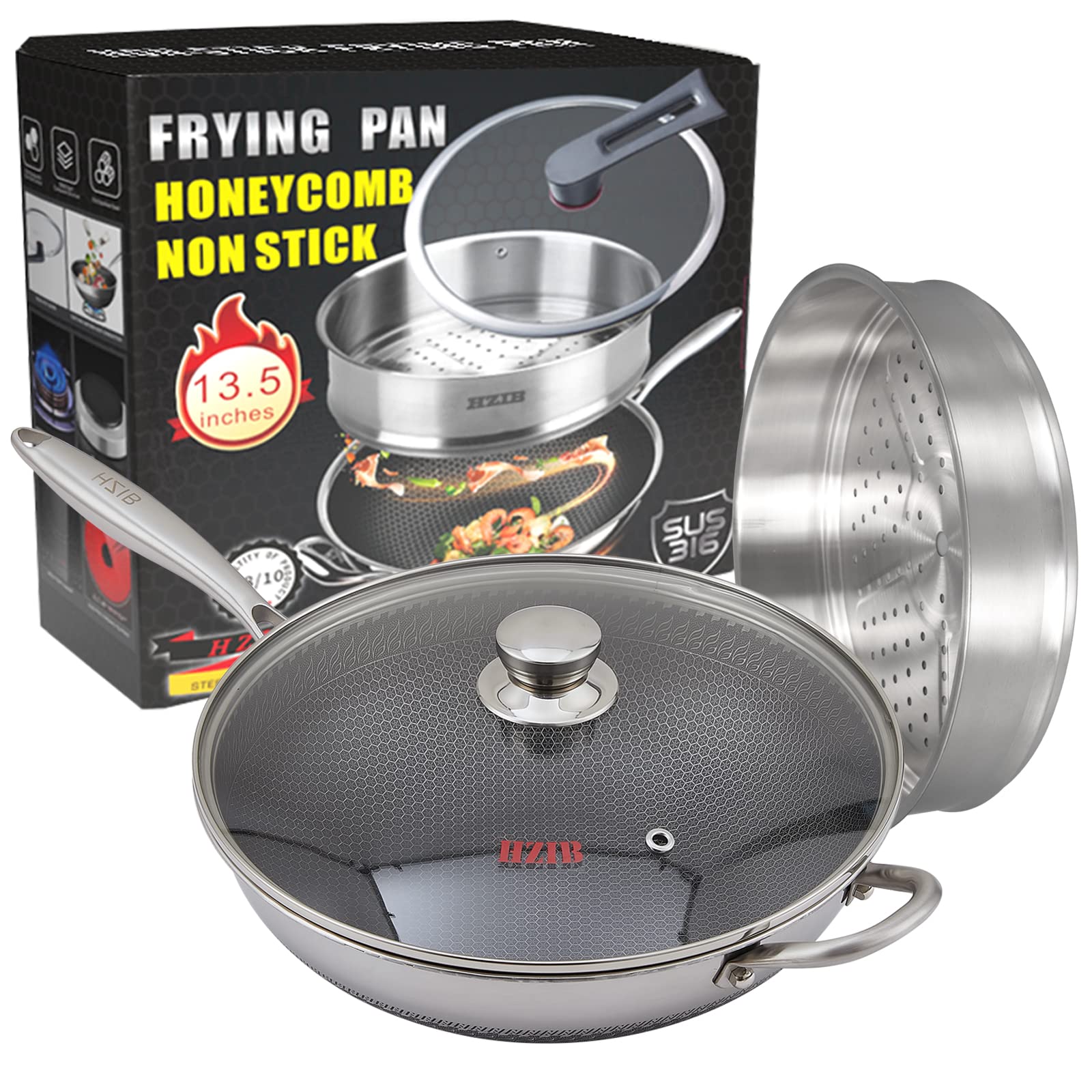 HZIB Stainless Steel Durable Wok - 13.5“ Deep Skillet with Cover, Stay-cool Handle, Steamed Grid, PFOA-Free, Nonstick Saute Pan with 7-layer Coating,Scratch-resistant