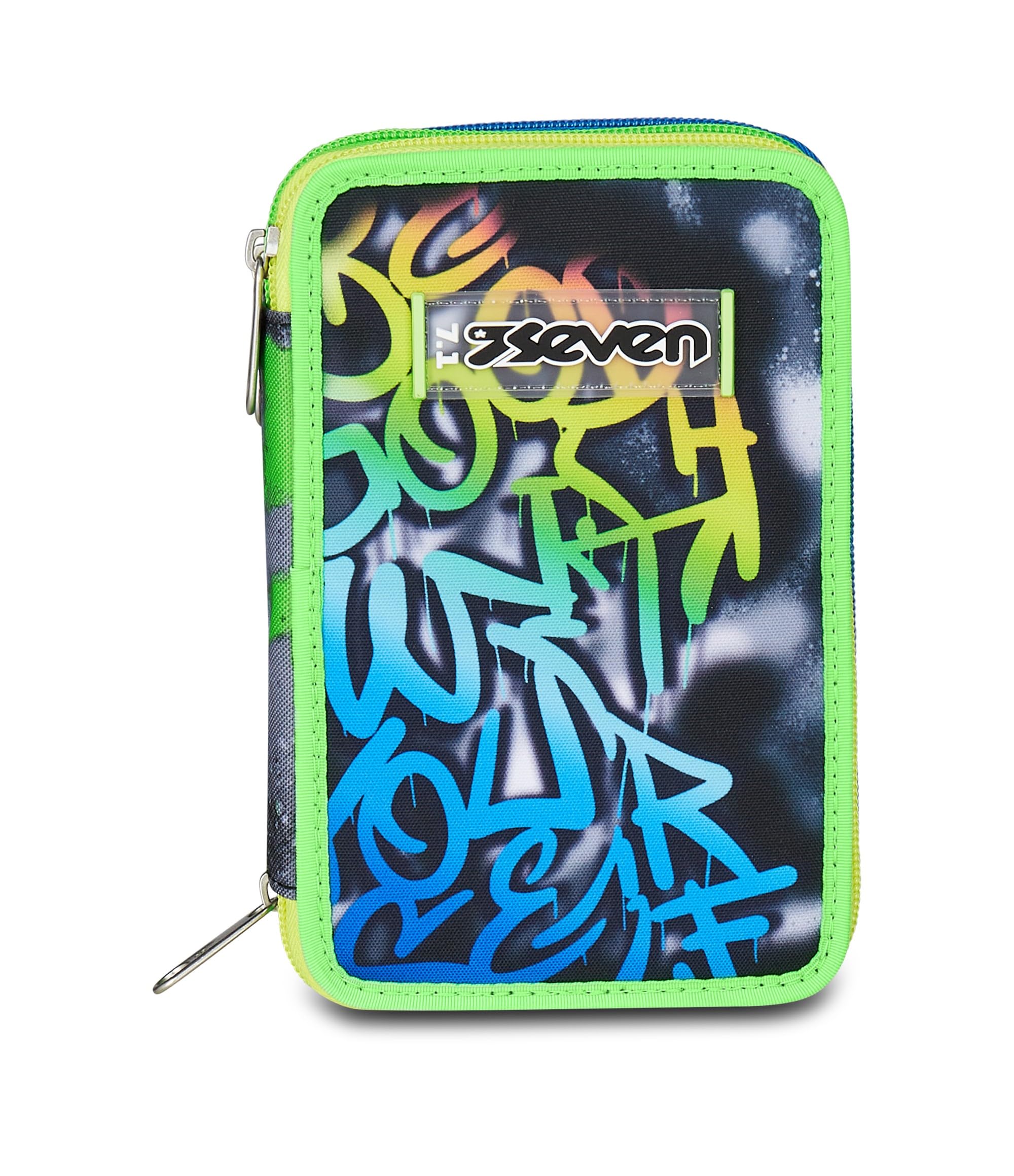 Seven Astuccio Scuola 3 Zip Nero Verde Portapenne Triplo Scomparto Completo