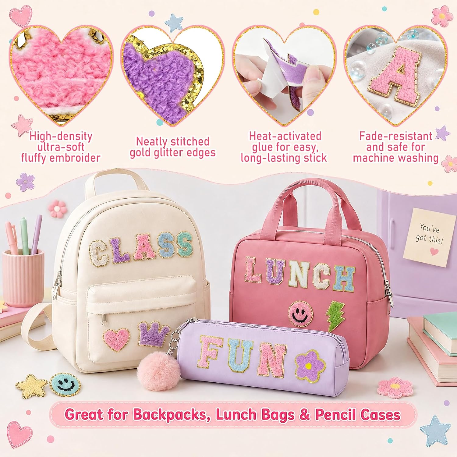 107 PCS Chenille Letter Patches for DIY, Self-Adhesive & Iron-On Patches with 83 A-Z Letters and 24 Icon Patches, Preppy Embroidered Patches for Backpacks, Lunch Bags, Clothes, Back to School Gifts