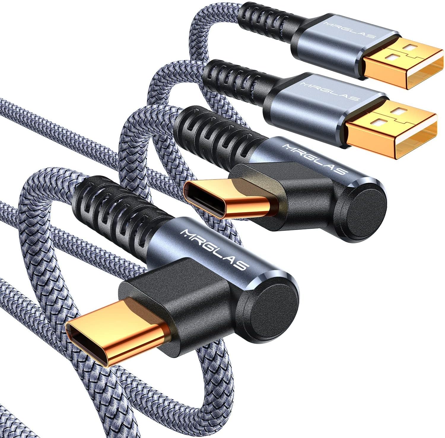 MRGLAS 3.2A USB C Charger Cable,[2-Pack, 10FT] USB A to USB C Right Angle Gold-Plated Type C Charger Fast Charging Durable Braided Cord for iPhone 17 16 15 Samsung S10 S9 Note 10 S21 LG-Grey
