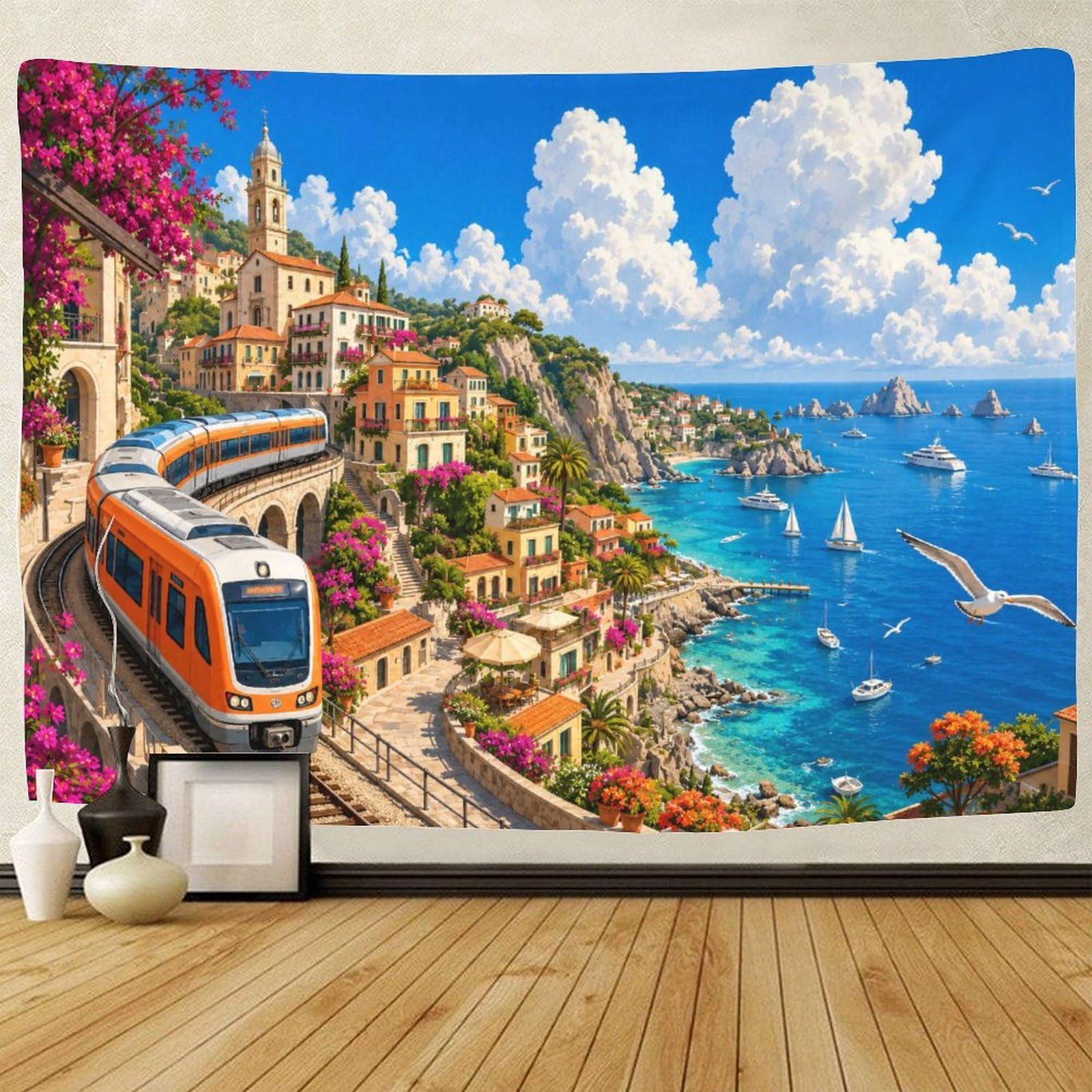 ASDFGHJKLZA Amalfi Coast Train Wall Hanging Decor 3D Print Tapestry for Bedroom Tapestries Poster Curtain Bedroom College Dorm 70cmx100cm