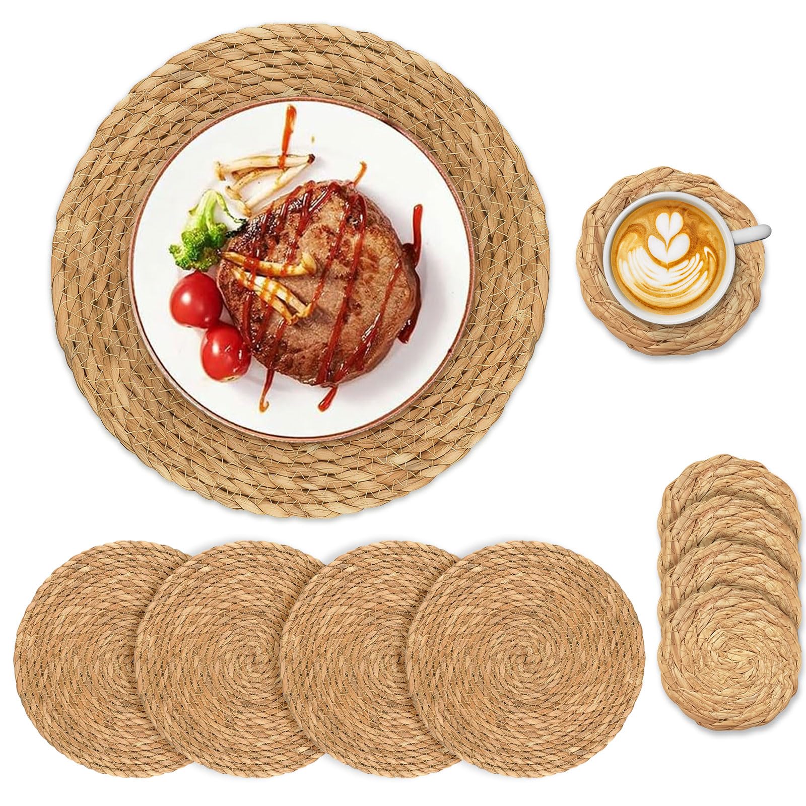 8PCS Handwoven Woven Placemats, 100% Natural Materials, Double-Sided