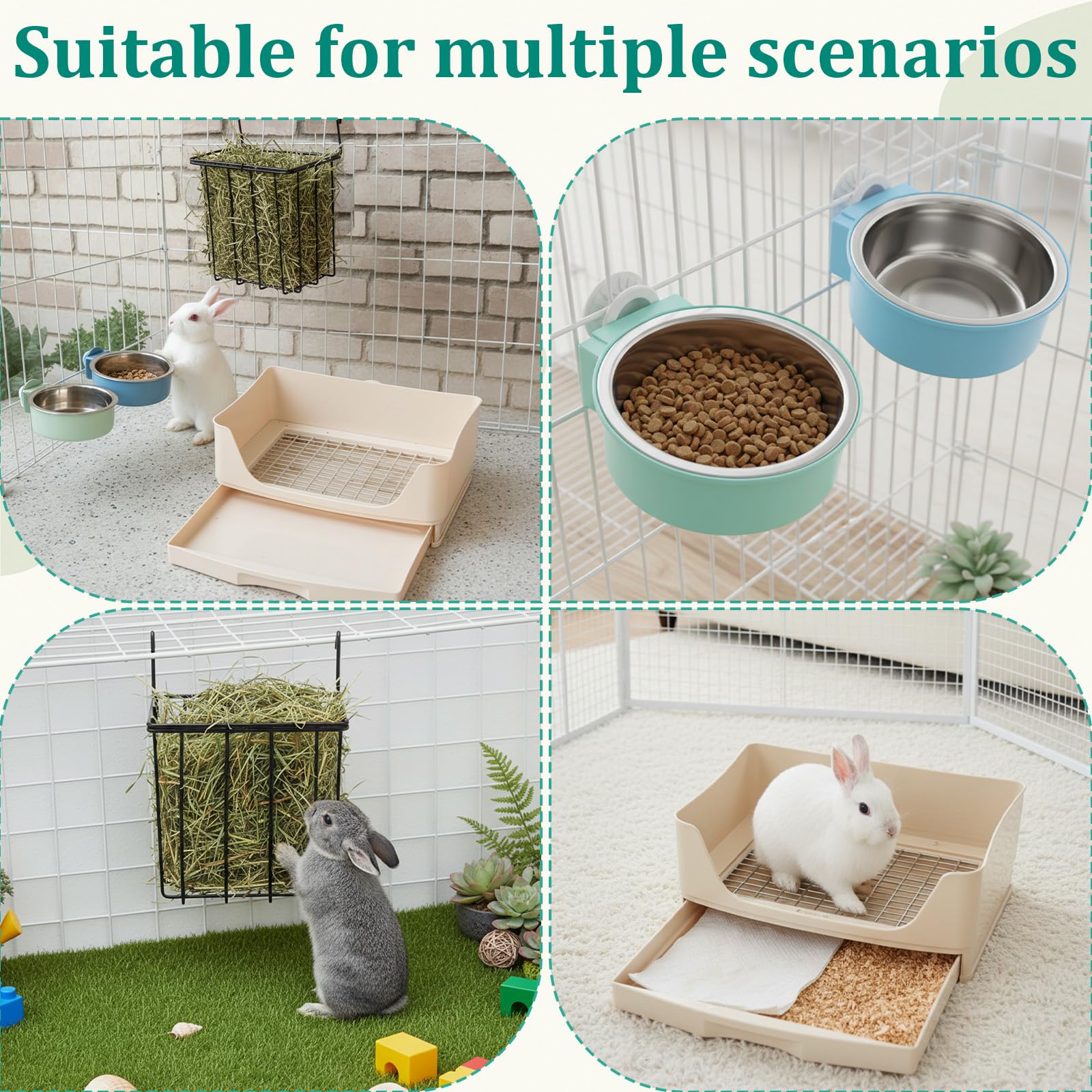 Leinuosen 4 Pcs 3 in 1 Rabbit Hay Feeder with Litter Box 2 Hanging Bowl,Rabbit Litter Box Metal Hay Rack Bunny Guinea Pig Hays Holder Bunny Bedding Toilet for Guinea Pig Chinchilla Other Small Animal - image 6