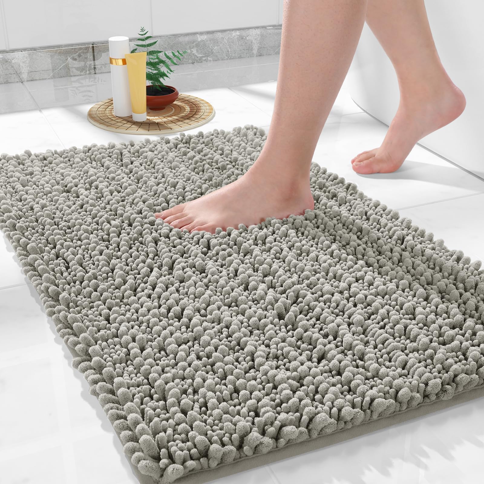 Yimobra Bathroom Rugs Non Slip Washable - Ultra Soft Absorbent Chenille Bath Mat, Quick Dry Shaggy Floor Carpet for Tub Shower, Sand Home Decor Accessories, 24x17 Inch