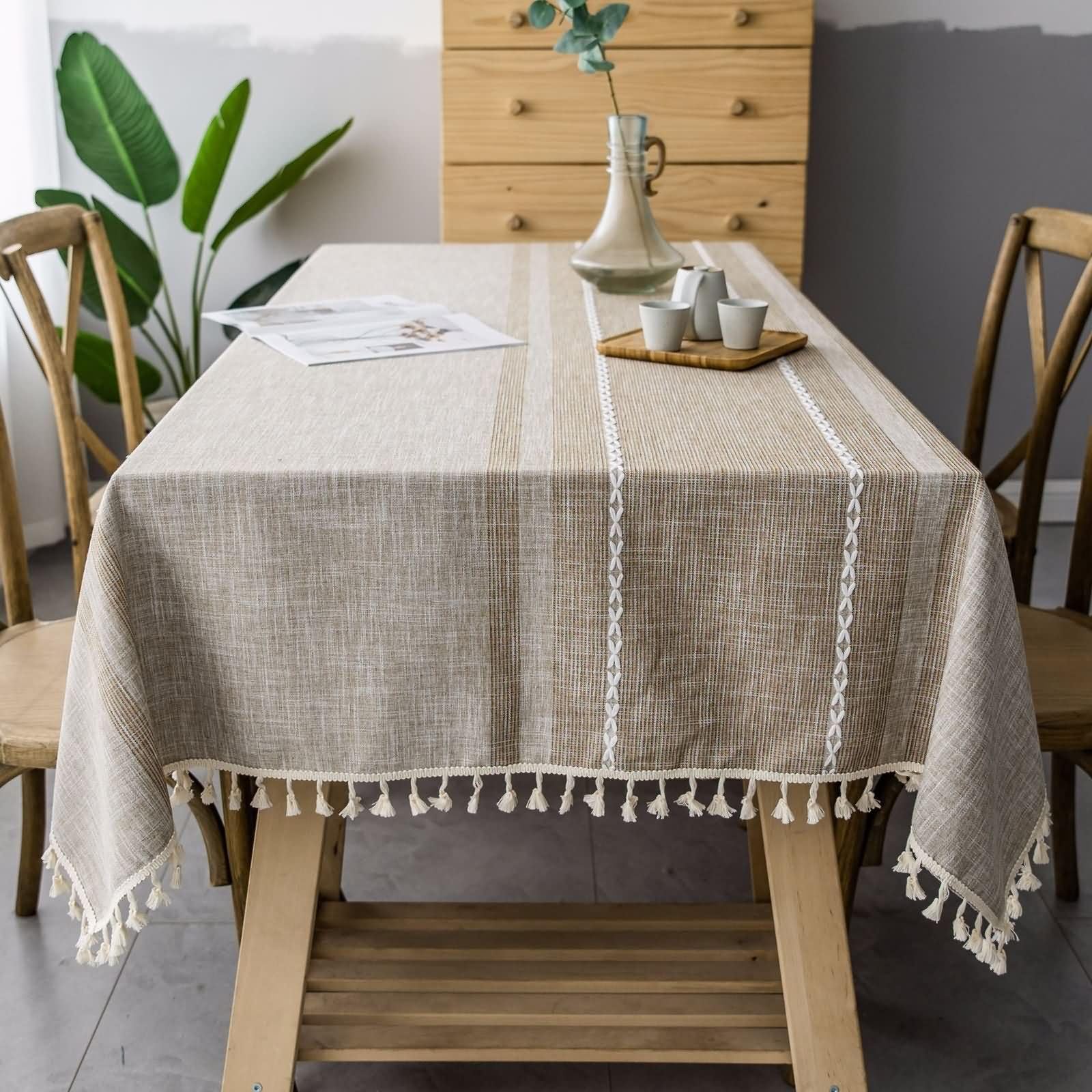 Mantel Rectangular Café Lavable Jardín, Rayas con Borlas, de Poliéster Fácil de Limpiar, 140 x 180 cm, Mantel para Comedor y Cocina