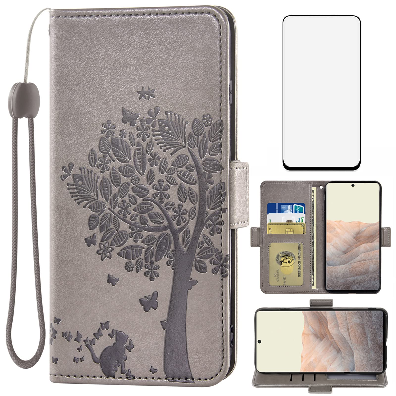 Asuwish Compatible Con Google Pixel 6 Pro - Funda Tipo Cartera Y Protector De Pantalla De Vidrio Templado, Accesorios Para Monedero, Correa De Muñeca, Tarjetero, Funda Para Teléfono Celular Para
