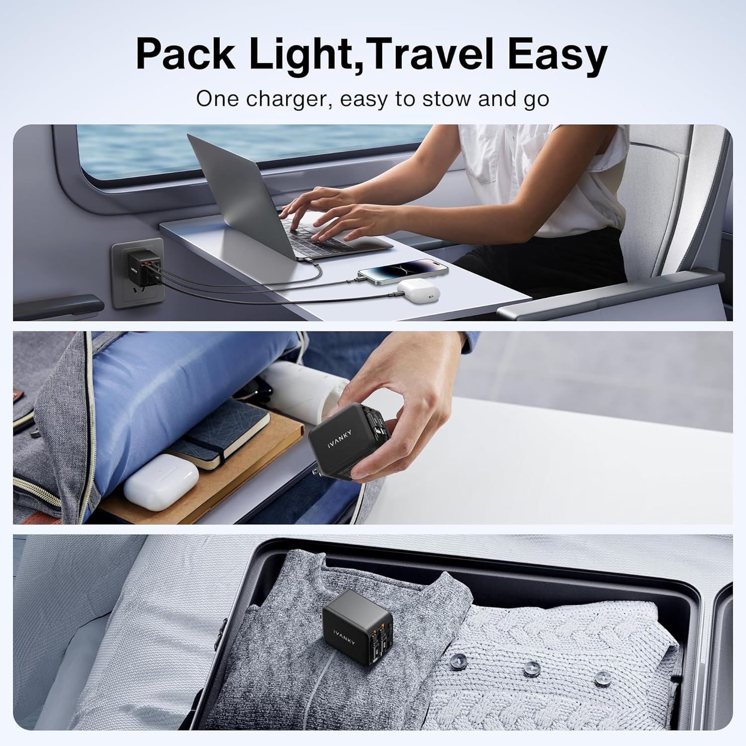 iVANKY 65W Retractable Wall Charger for MacBook, 5-in-1 USB C+Lightning GaN Charger Block with Cables, 33.5 inches, PD PPS Fast Charging, 5-Port Power Adapter for iPhone 17/16/15 Pro Max, MacBook Neo