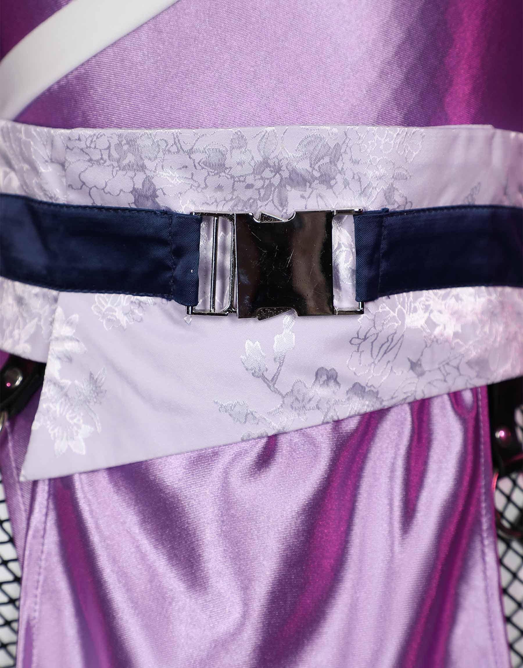 Mobbunny Womens Anime Cosplay Costume Purple High Slit Bodysuit Fishnet Mesh Bodysuit with Mask and Thigh Socks: Small Purple